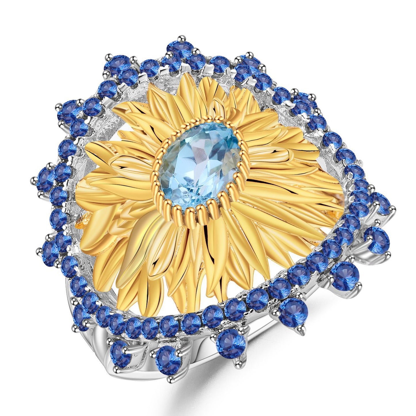 Original Designer Sunflower Ring Italian Craft Vintage Style925Sterling Silver Natural Topaz Ring