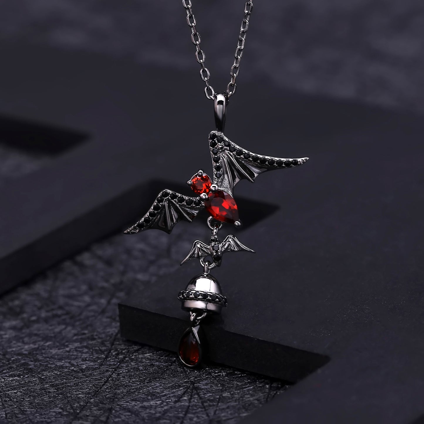 Dark Series Designer Pendant bat design s925Sterling Silver Inlaid Natural Garnet Necklace Pendant