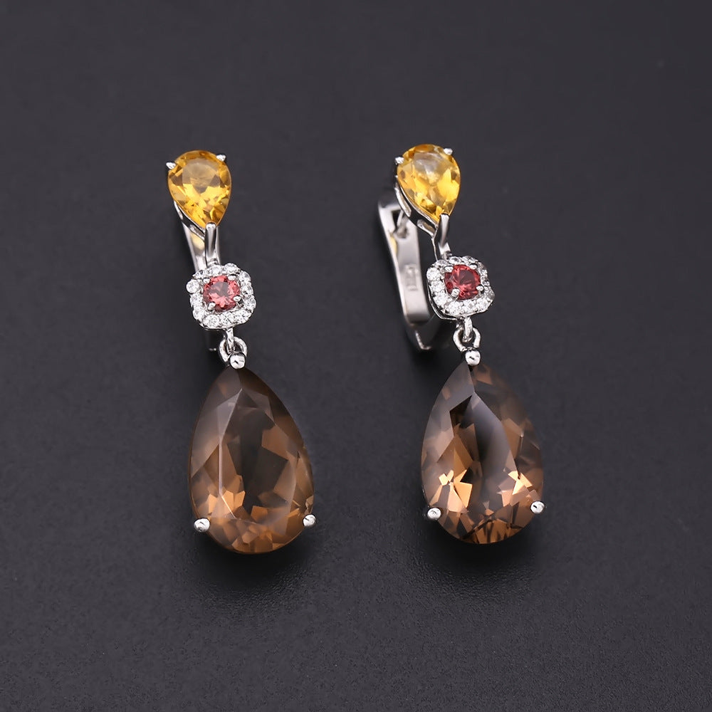 Luxury Jewelry Accessories Natural Gemstone Earrings Retro s925Silver Inlaid Natural Citrine Stud Earrings