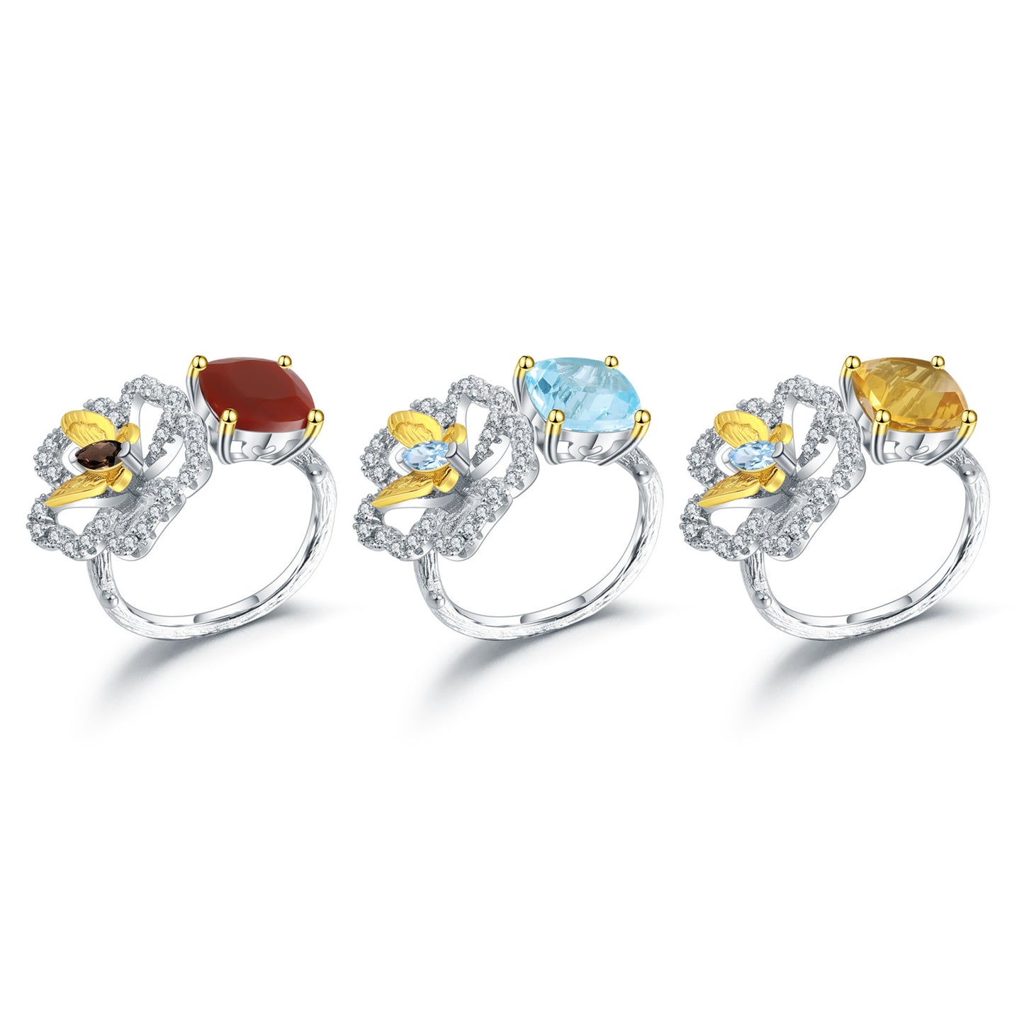 Designer Natural Yellow Crystal Ring Natural Style Butterfly Flower Design s925Silver Adjustable Open Ring