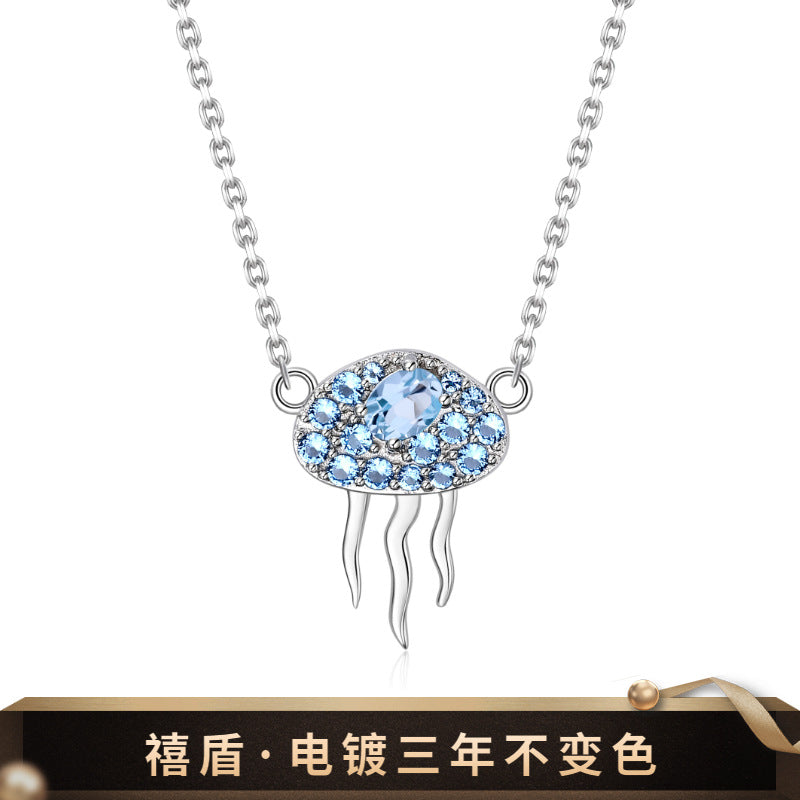 Fashion Designer Jellyfish Necklace s925Silver Inlaid Natural Gemstone Topaz Necklace Pendant