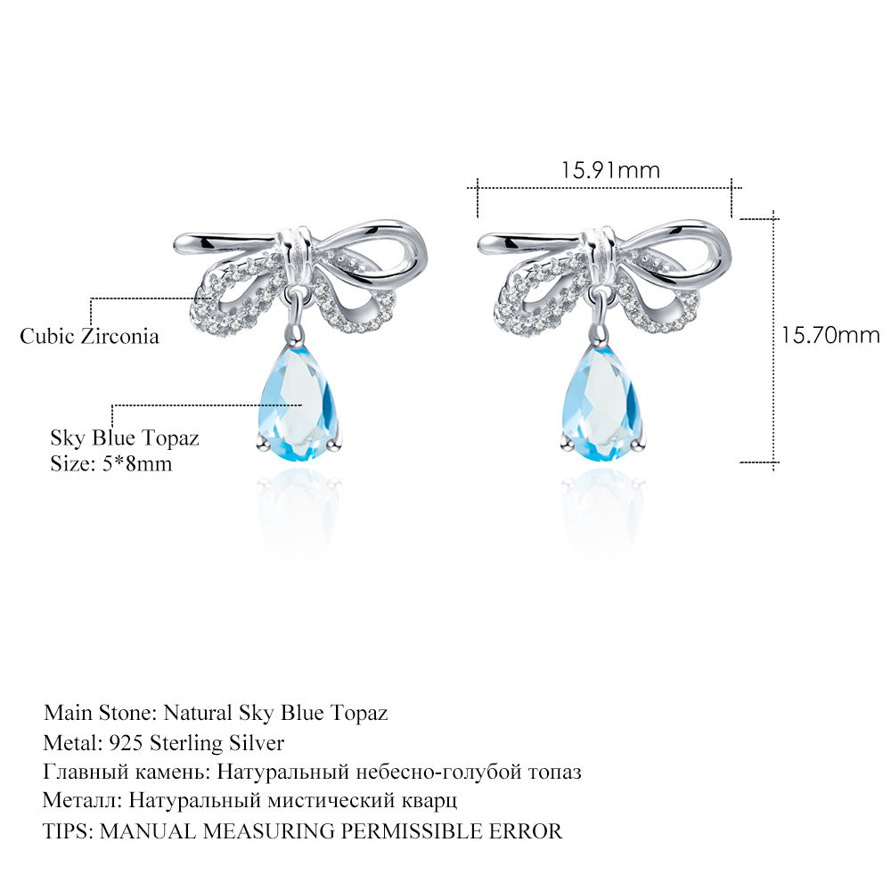 In-stock Sweet and Elegant Earrings Korean style bow tie s925Sterling Silver Inlaid Natural Gemstone Crystal Earrings Jewelry