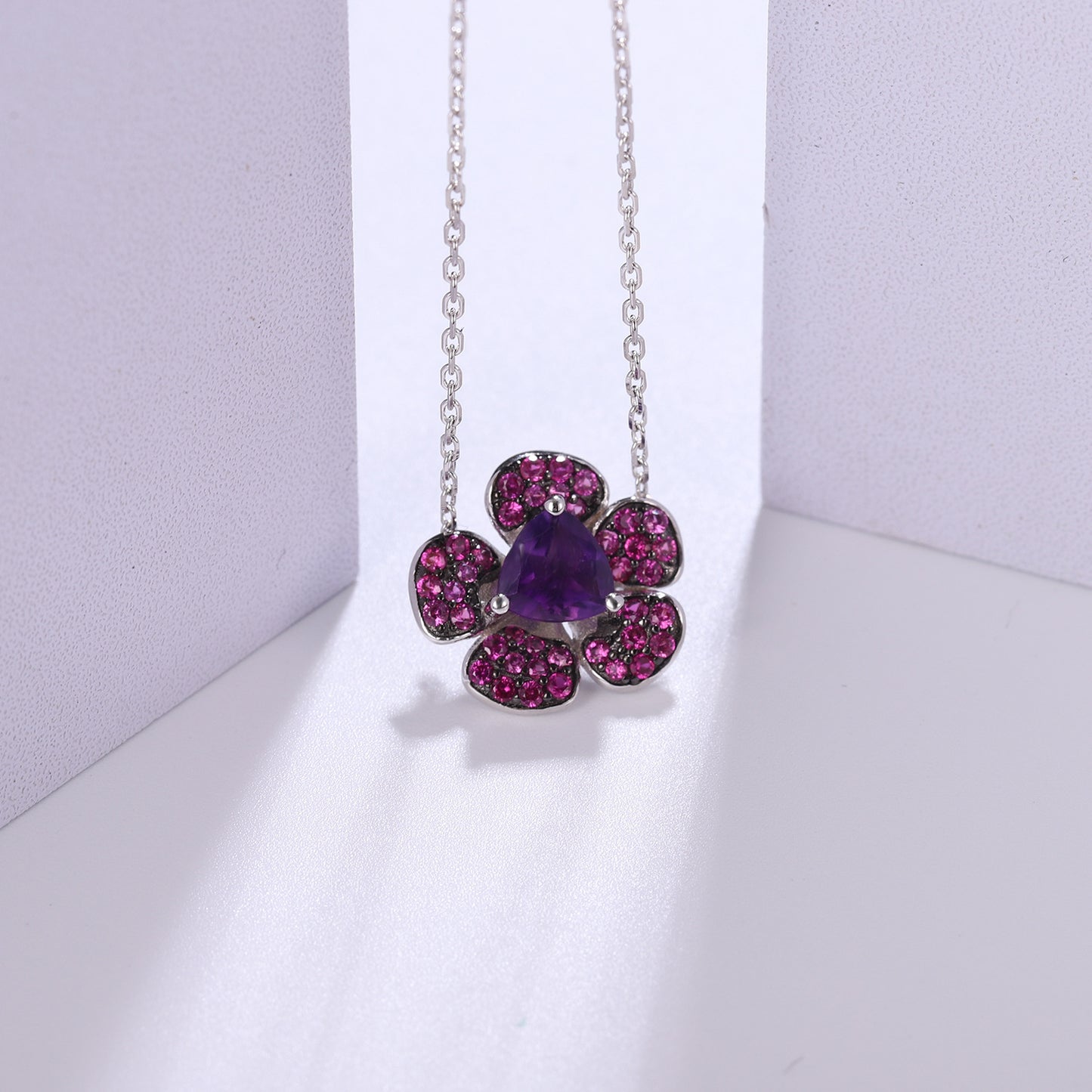Designer Natural Amethyst Pendant Floral Design s925Silver Color Gemstone Necklace Pendant