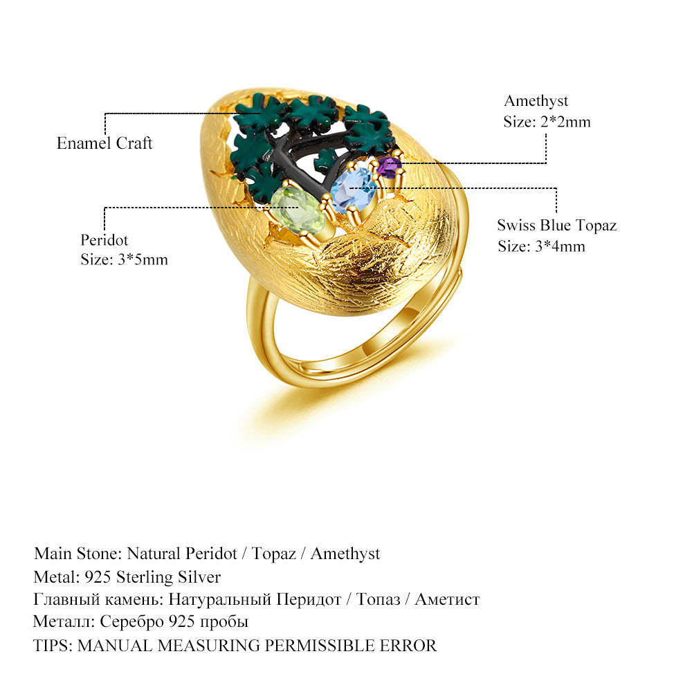 Designer Style High-End Personality Adjustable Ring Natural Style Design s925Silver Natural Yellow Crystal Ring