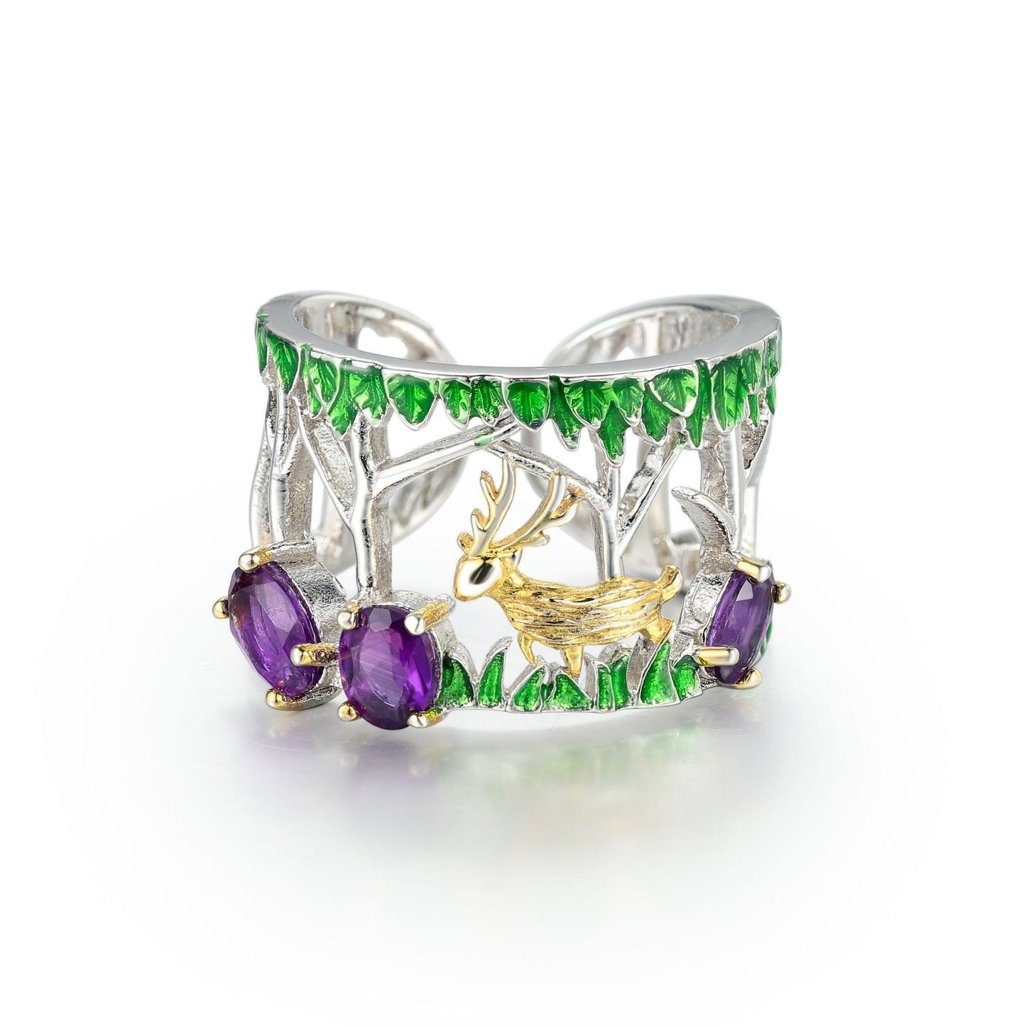 Natural Gemstone Original Design Ring for Women, Niche Hand Jewelry, Adjustable925Sterling Silver Deer Ring