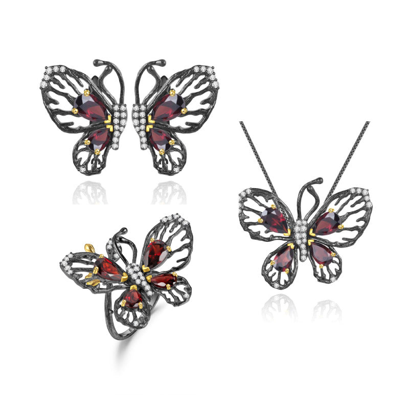 Designer Natural Garnet Earrings Butterfly Unique Design s925Sterling Silver Inlaid Gemstone Stud Earrings