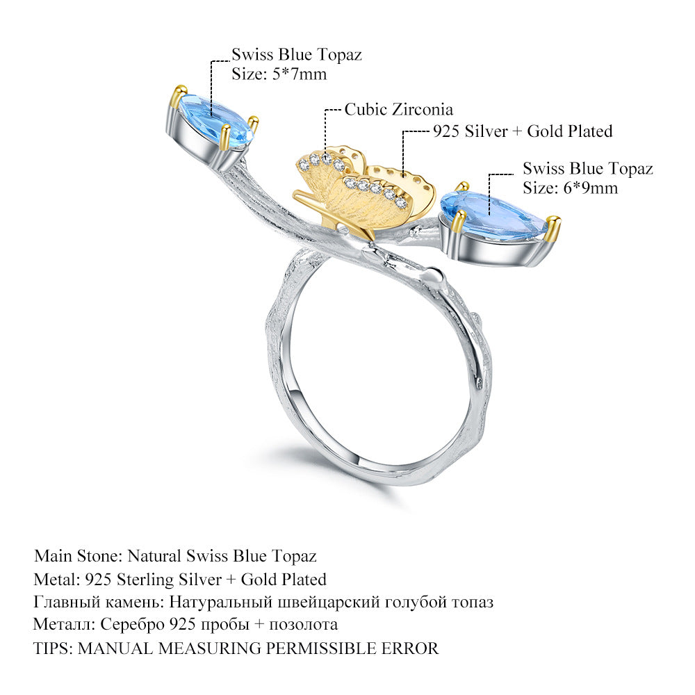 Secret Garden Designer Gemstone Ring Natural Style Butterfly Design s925Silver Natural Topaz Ring