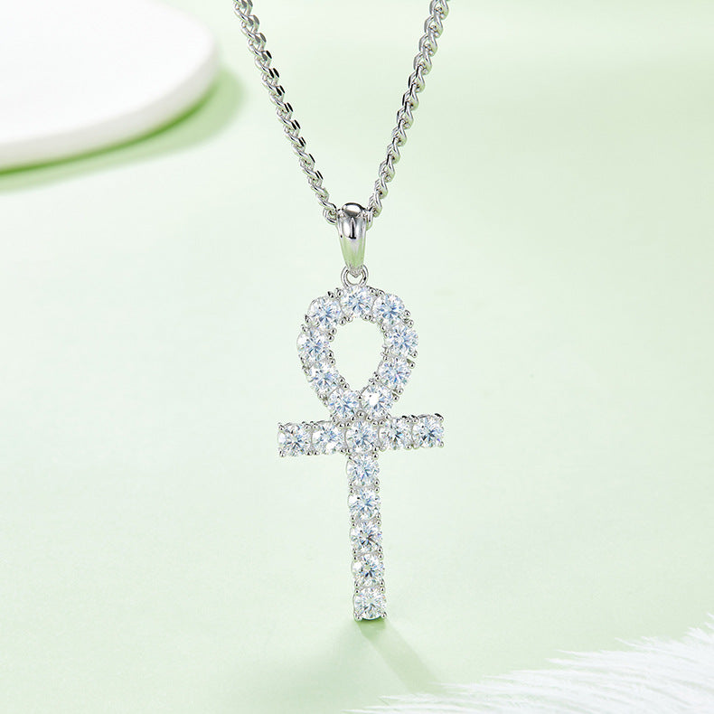 Key Cross Pendant s925Sterling Silver Inlaid4mm Moissanite Necklace Hip Hop Full Diamond Clavicle Chain
