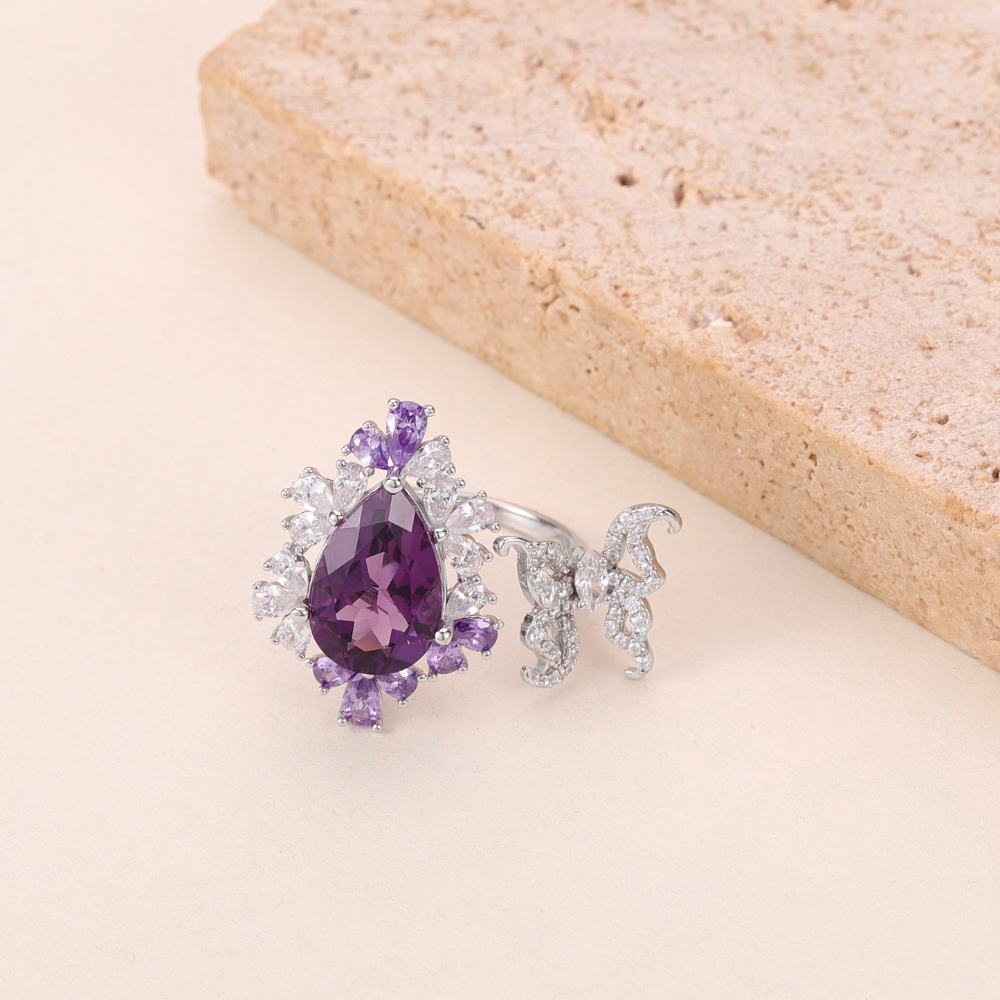 Original Design Natural Topaz Stone Open Ring s925Silver Inlaid Pink Crystal Large Main Stone Cross-border Gorgeous Ring for Women
