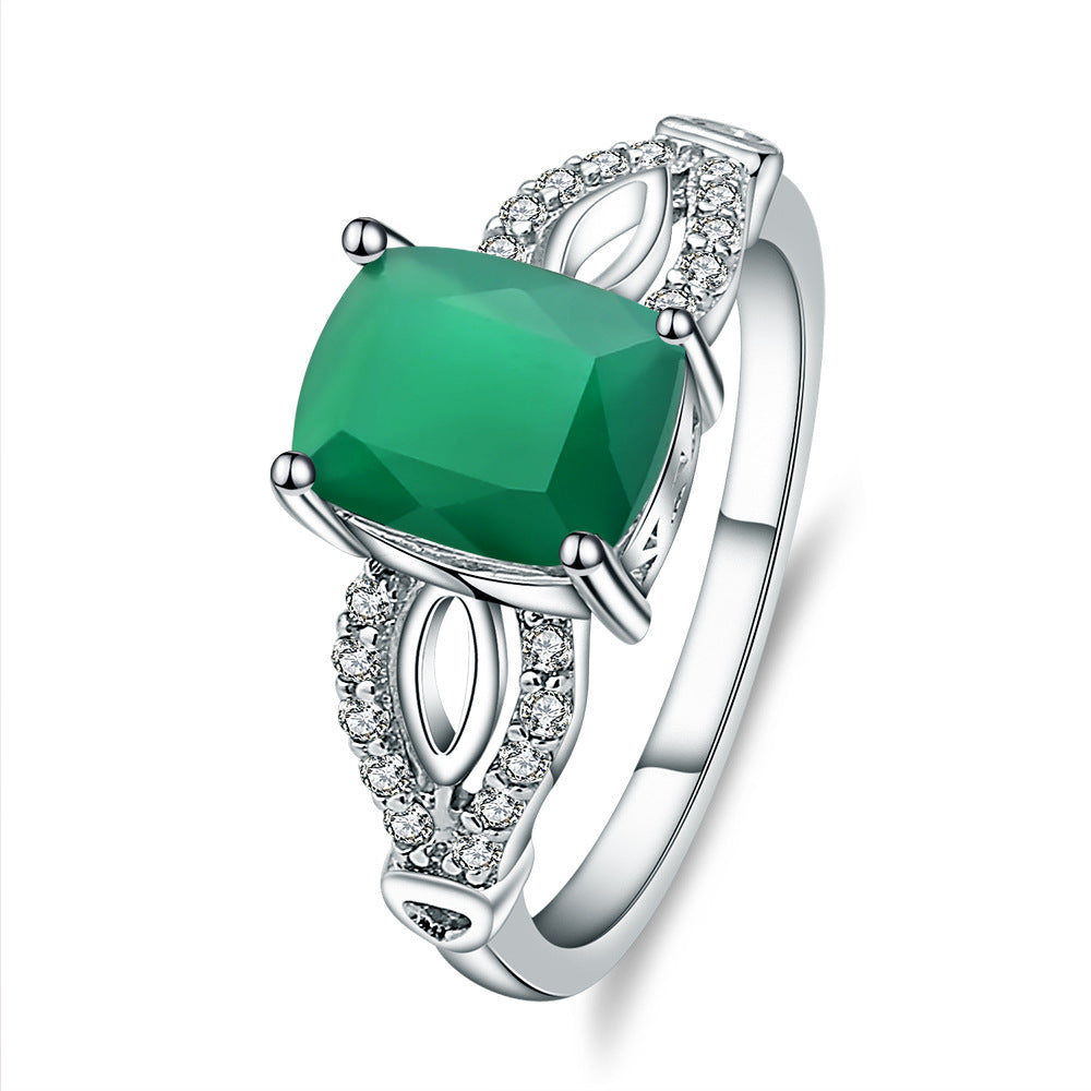 Fashionable Design Natural Gemstone Green Agate Ring Personality925Sterling Silver Square Gemstone Ring