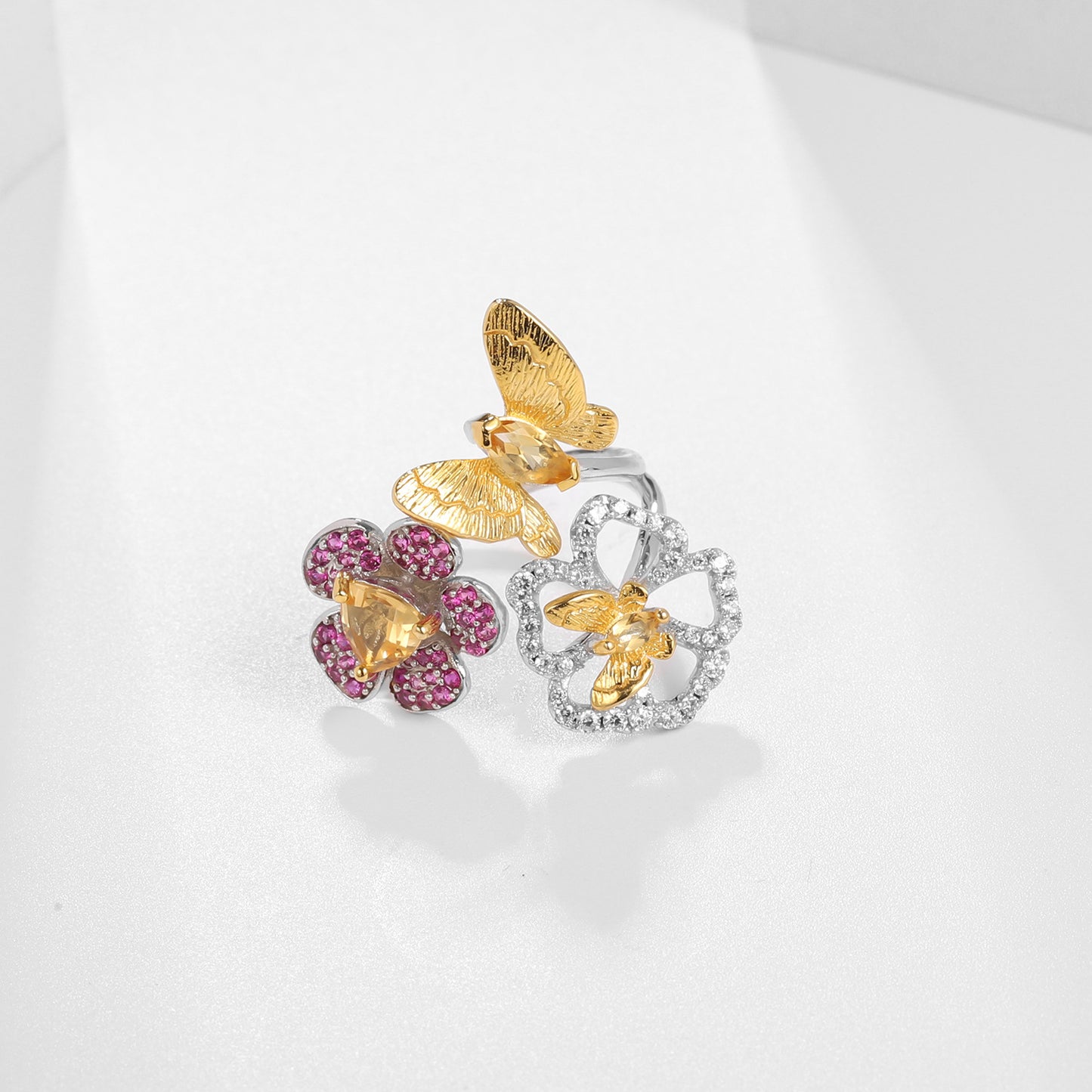 Designer Natural Amethyst Ring Natural Style Butterfly Flower Design925Silver Adjustable Open Ring