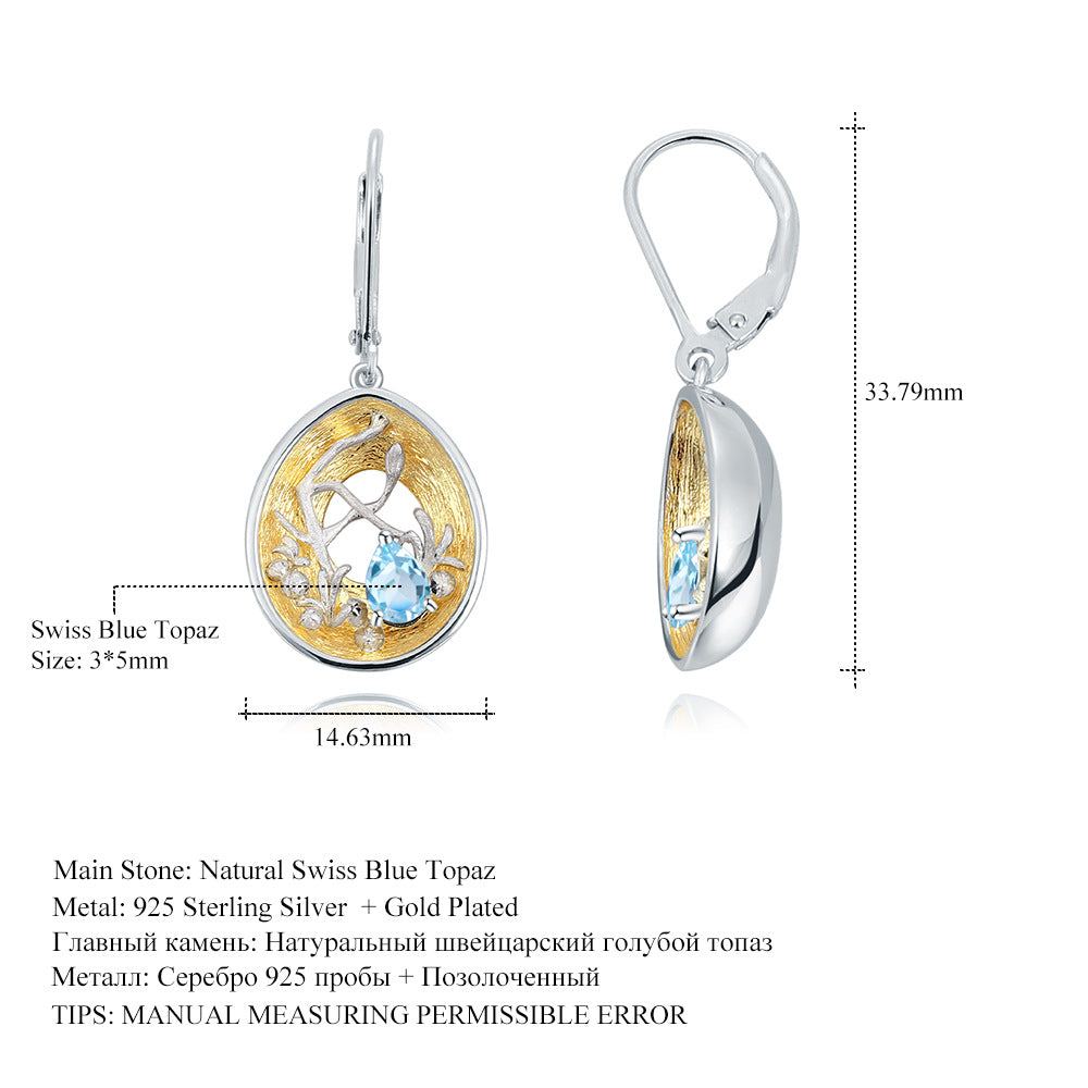 Designer Style High-End Gemstone Earrings with Unique Design s925Silver Inlaid Natural Topaz Stud Earrings