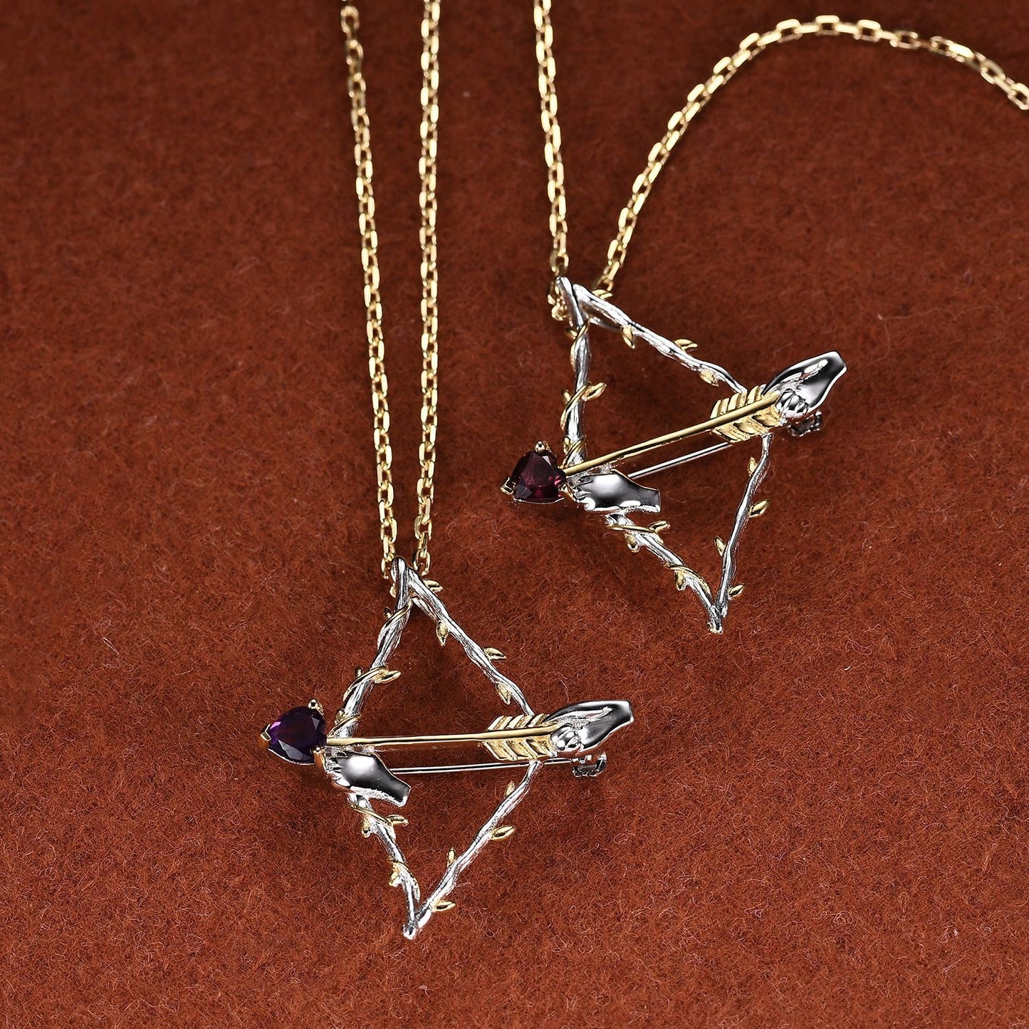 Cupid Bow and Arrow Design Natural Gemstone Brooch s925Silver Inlaid Garnet Brooch Pendant Dual-use Style