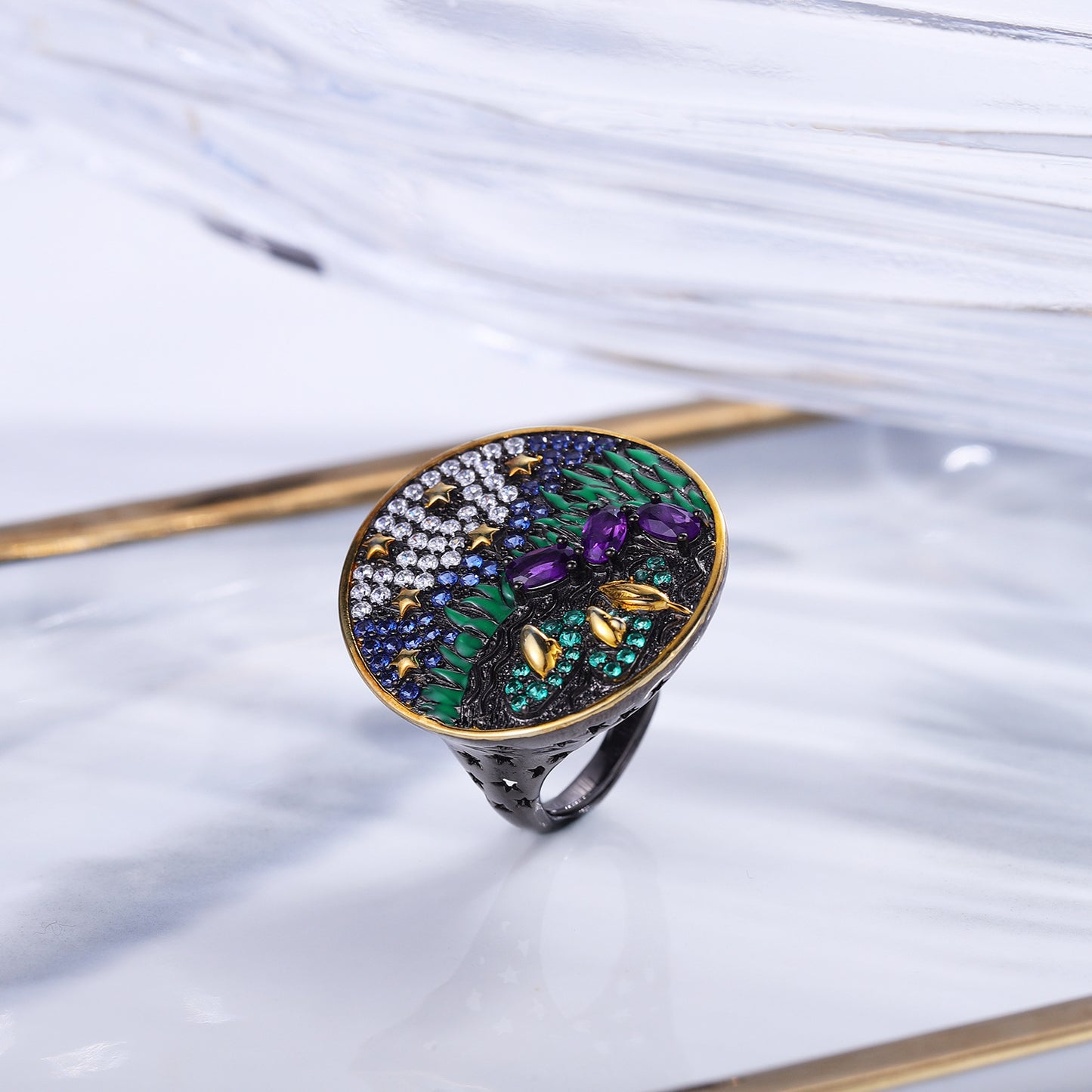 Niche Advanced Sense925Silver Original Design Gemstone Adjustable Ring Natural Stone Amethyst Ring for Men and Women