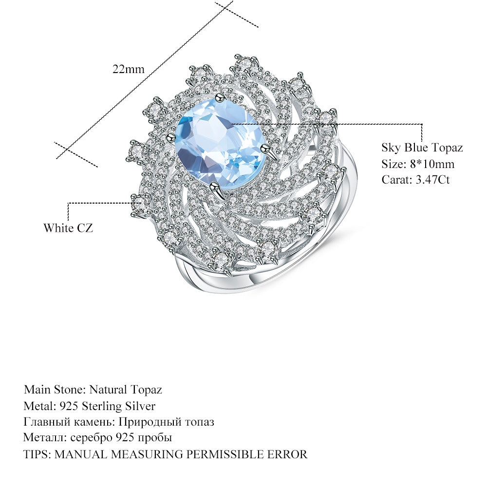 Luxurious High-End Natural Topaz Ring New Style Personality s925Silver Inlaid Natural Sapphire Ring