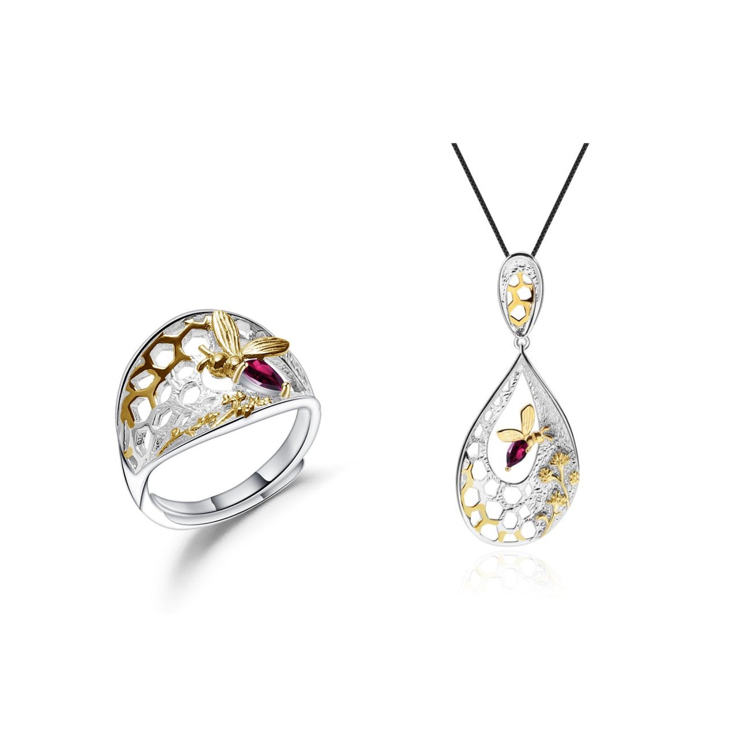 Designer Style Natural Wind Adjustable Open Ring Beehive Design s925Silver natural gemstone ring