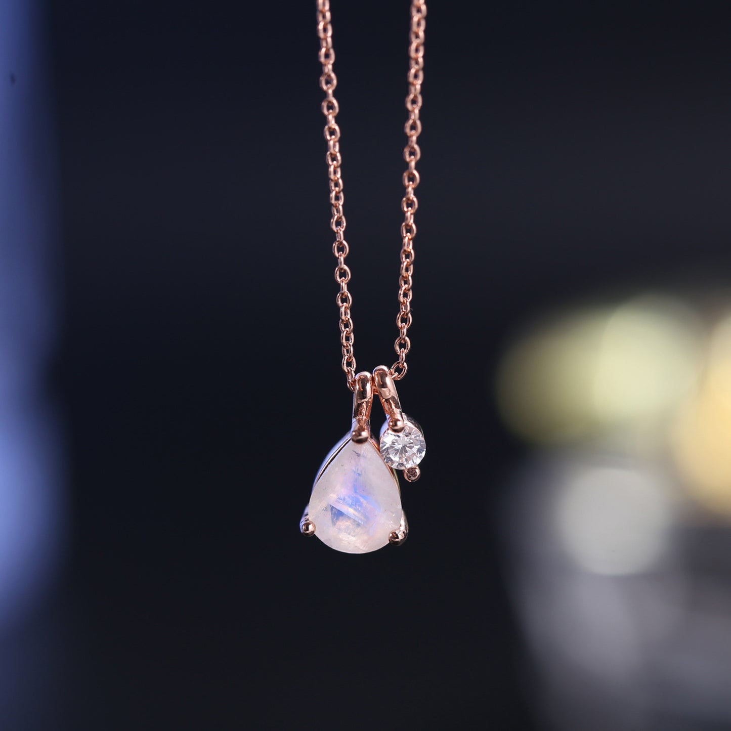 Korean and Japanese Natural Cream Blue Moonstone Pendant Cross-border s925Sterling Silver Inlaid Gemstone ins Rose Gold Wind Necklace