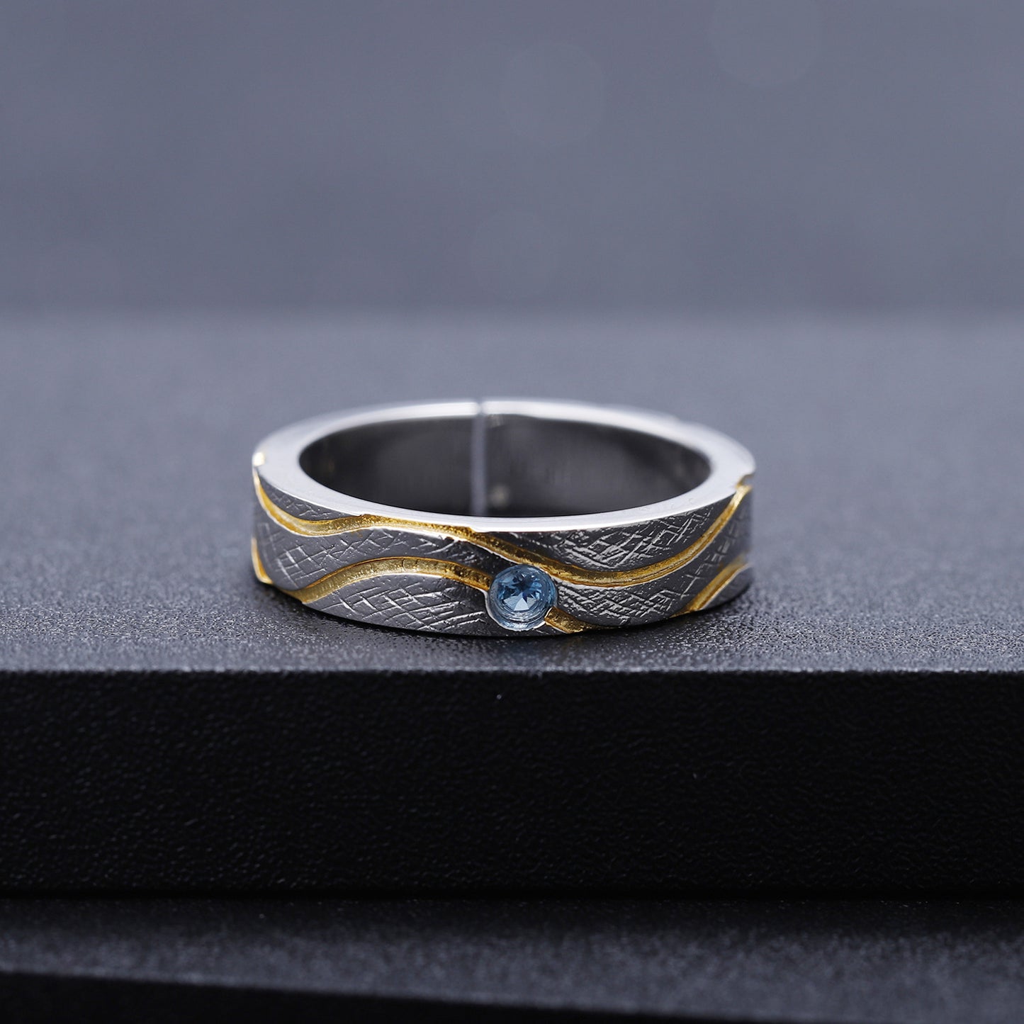 Designer Open Couple Rings Niche Wave Design s925Sterling Silver Inlaid Gemstone Enamel Ring
