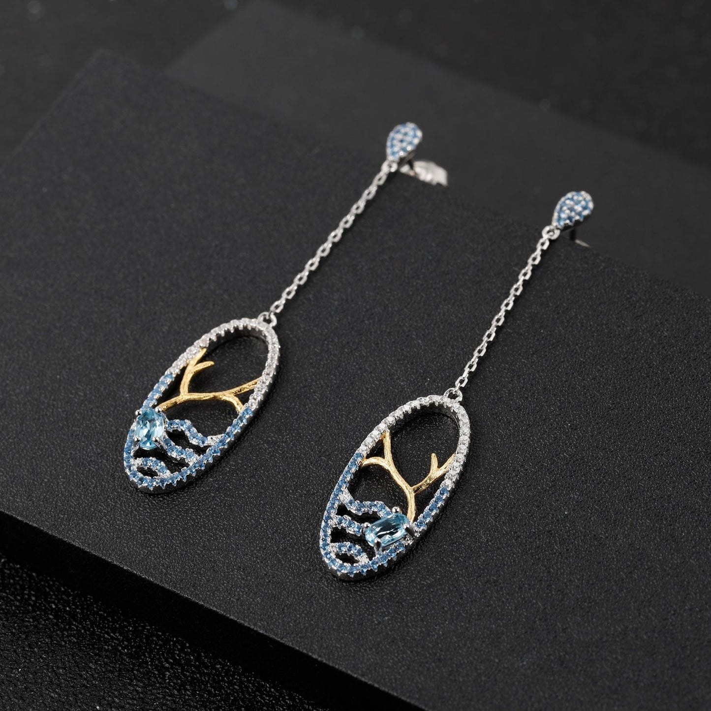 Designer High-End Long Earrings Classic of Mountains and Seas Series s925Sterling Silver Natural Topaz Sapphire Stud Earrings