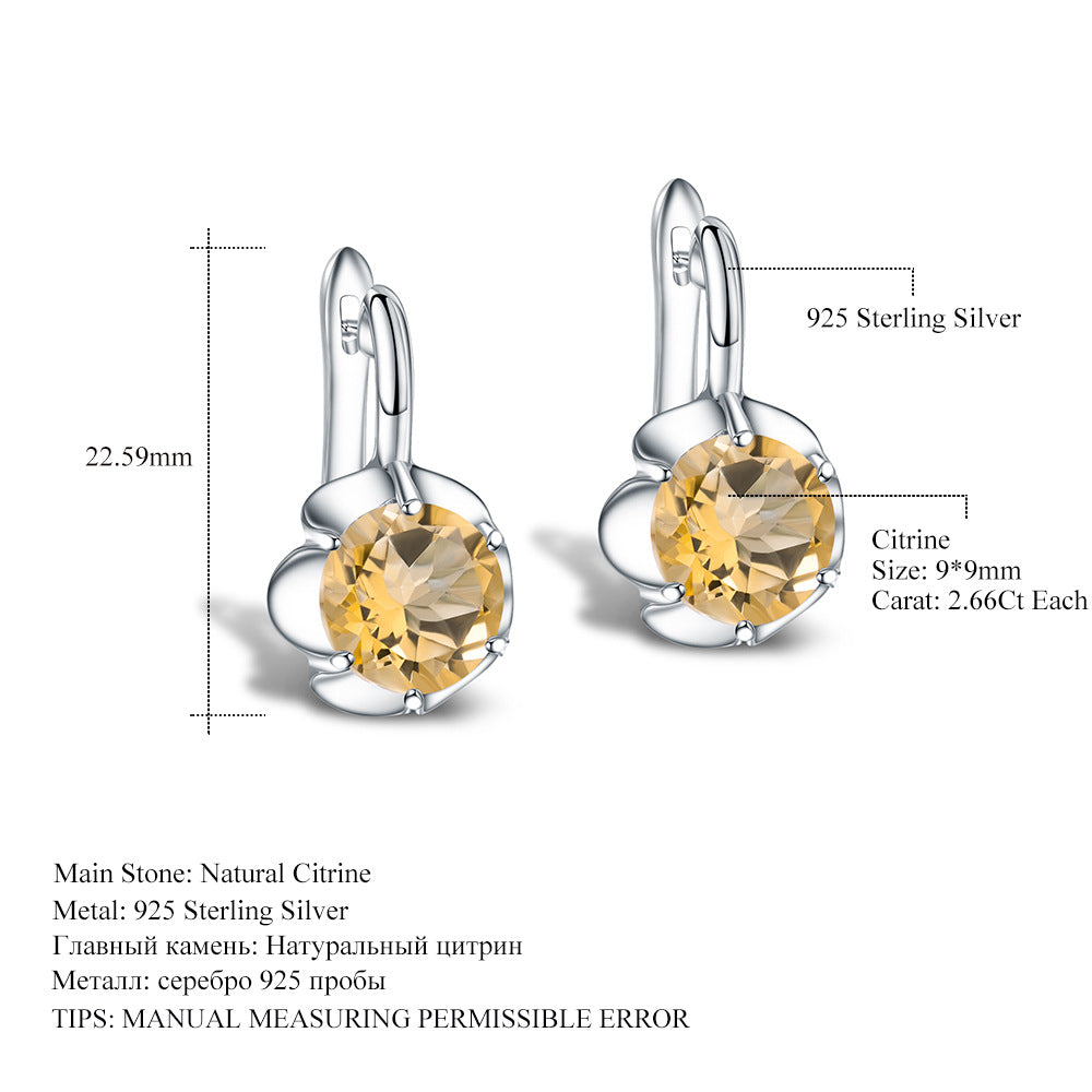 Fashionable Simple Natural Yellow Amethyst Earrings Vintage s925Silver Inlaid Topaz Gemstone Earrings
