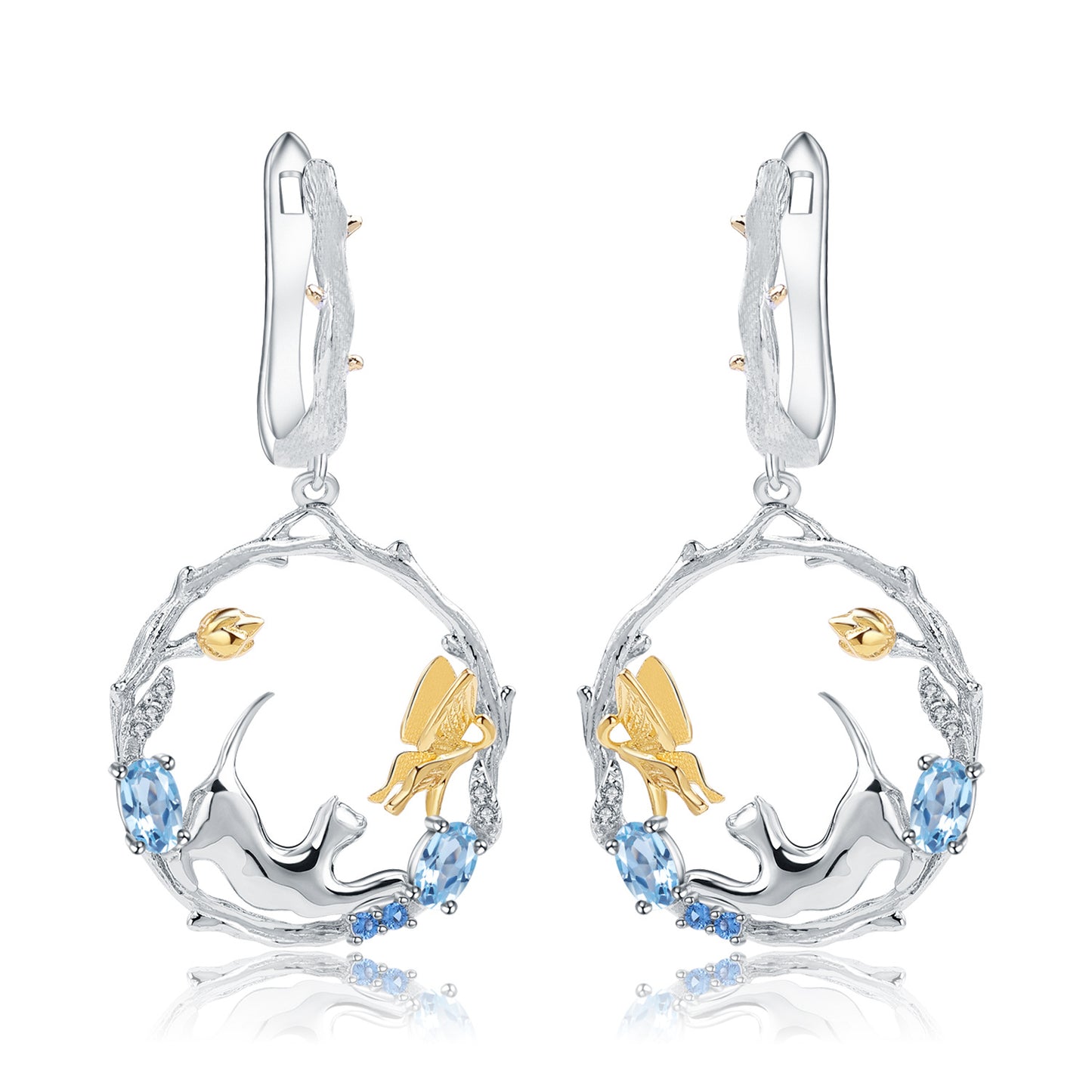 Designer Inlaid Gemstone National Style Earrings Natural Style Animal Design925Silver Topaz Stud Earrings