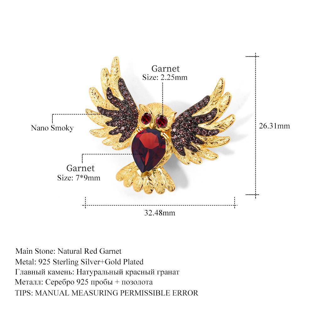 Designer Gemstone Brooch Pendant Owl Design with a Sense of Sophistication925Silver Natural Garnet Necklace Pendant