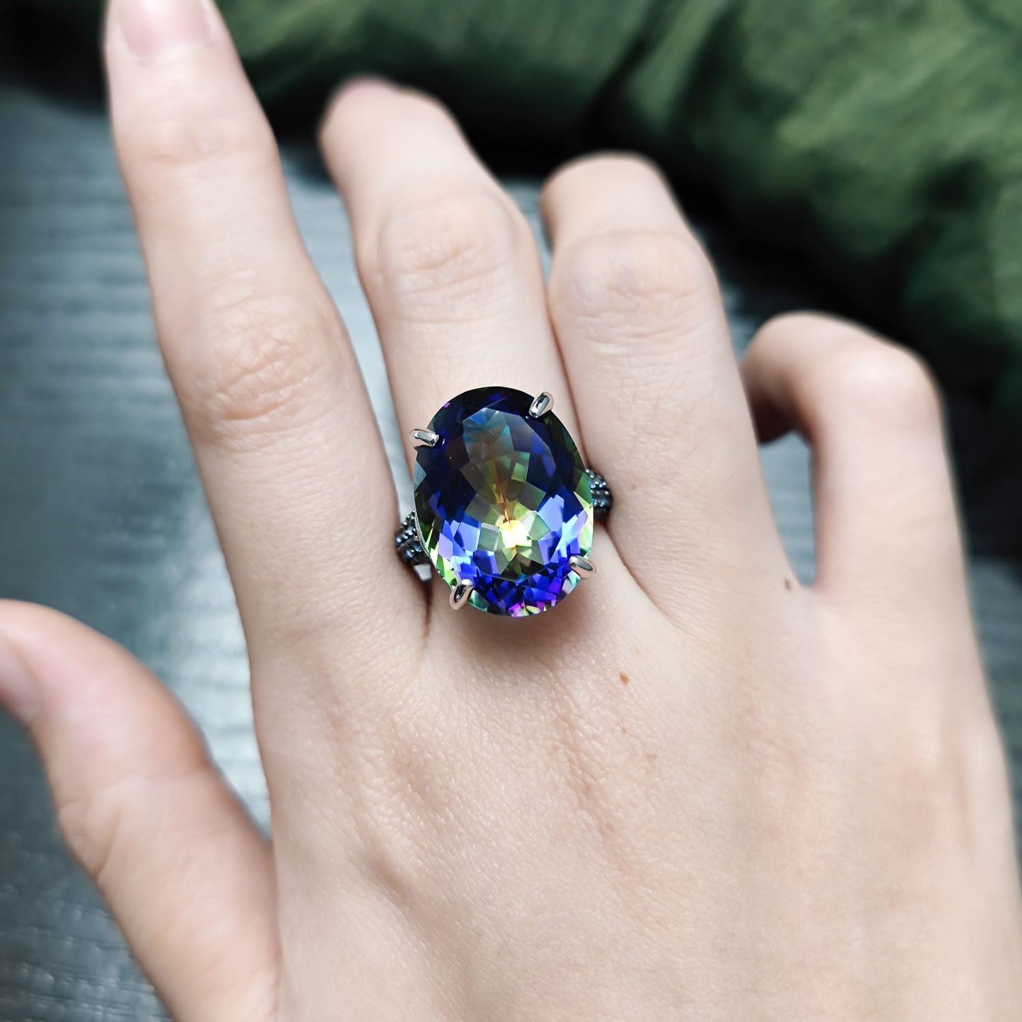 Wind17Carat Super Large Crystal Gemstone Ring Luxurious Personality s925Silver Inlaid Colorful Crystal Ring