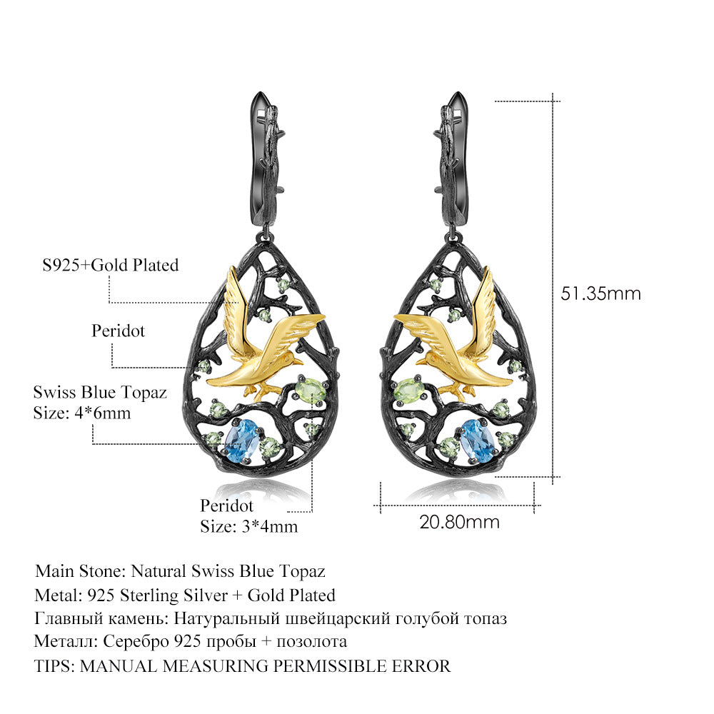 Bird's Paradise Original Design Earrings S925Sterling Silver Inlaid Natural Topaz Garnet Earrings Black