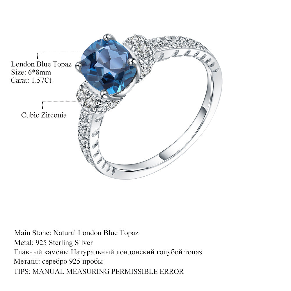 Light Luxury Natural London Blue Topaz Ring Fashion High-Grade Temperament925Silver Inlaid Natural Gemstone Ring