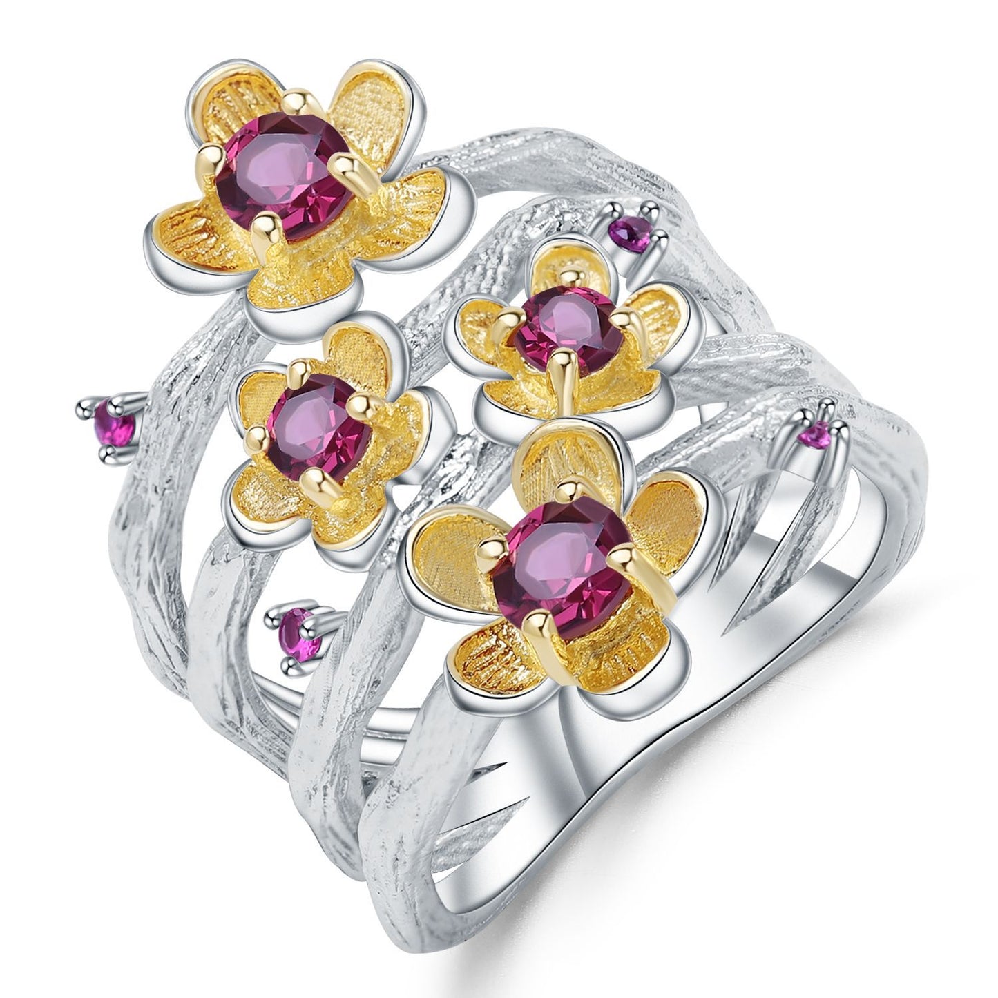 Italian Craft Designer Gemstone Ring Natural Style Floral Design925Silver Natural Topaz Ring