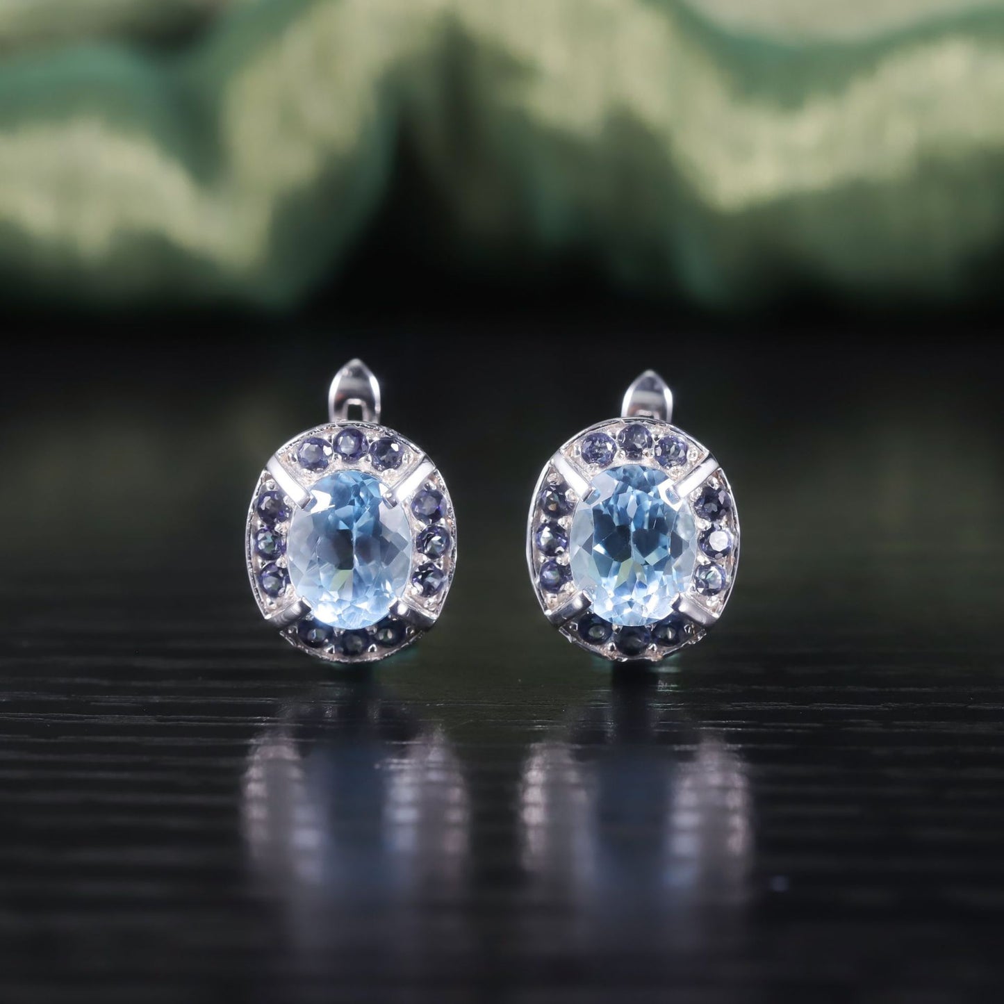 Unique Oval Earrings s925Sterling Silver Inlaid Natural Topaz Sky Blue Earrings Studs