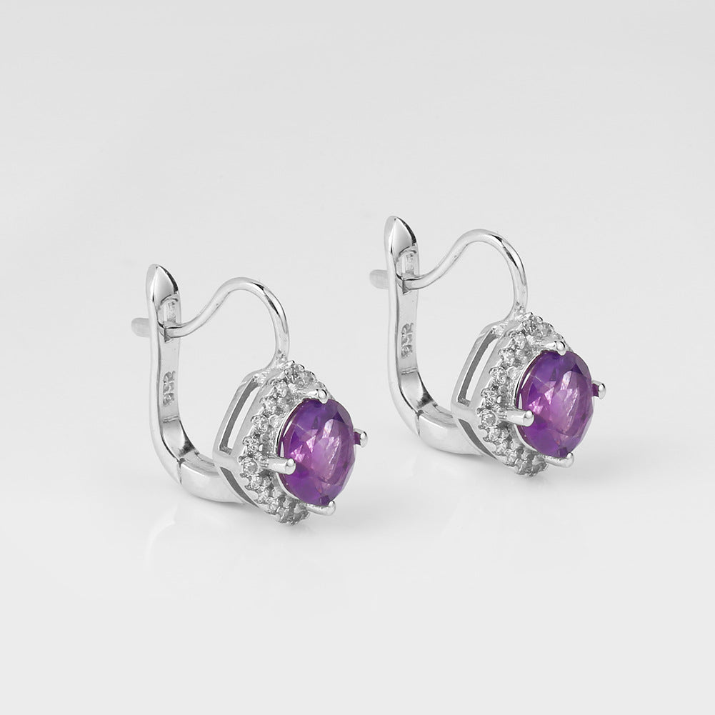 Luxury Natural Gemstone Amethyst Stud Earrings Personality s925Silver Natural Gemstone Earrings