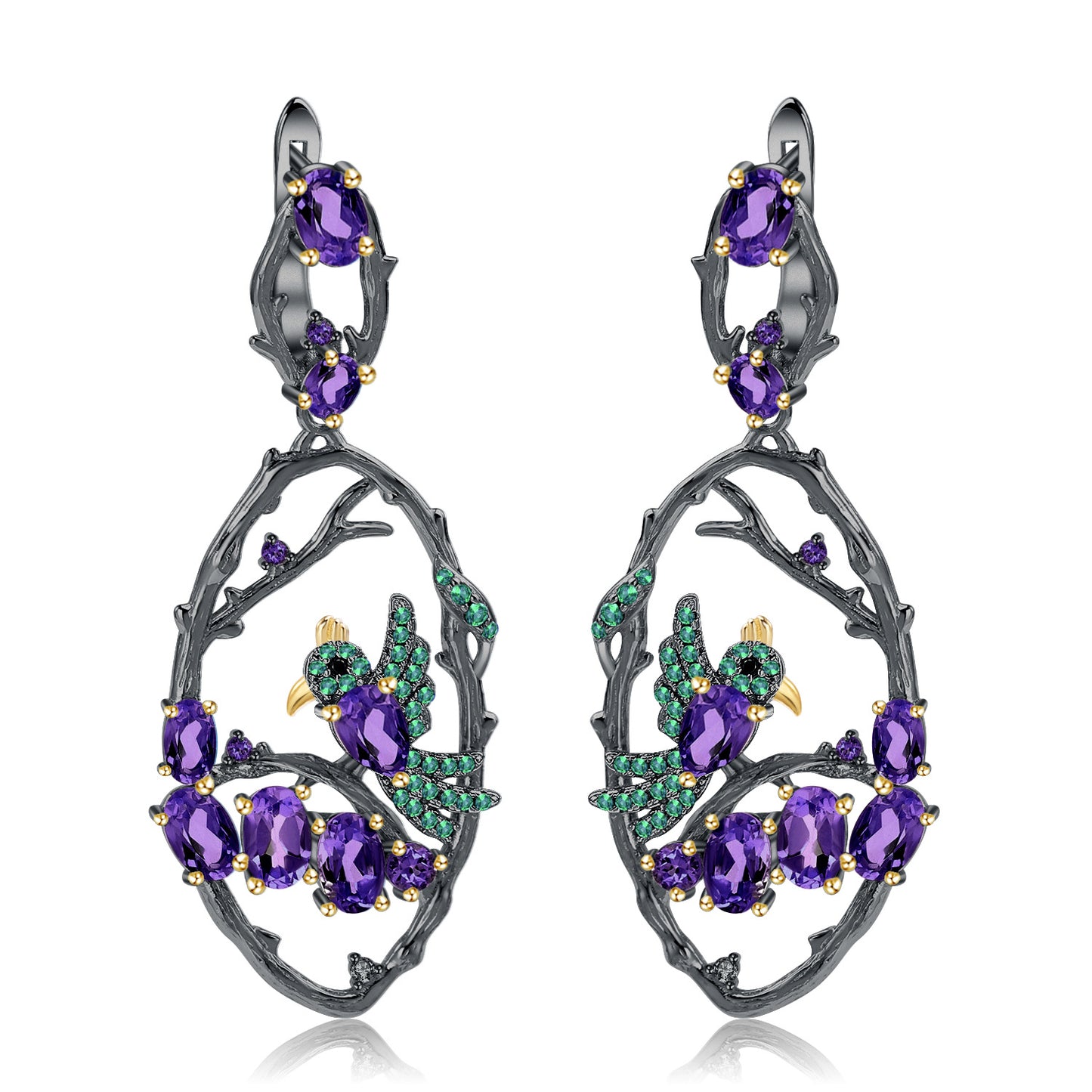 Secret Garden Designer Earrings Birds in the Bush Design Chinese Style925Silver Natural Gemstone Earrings