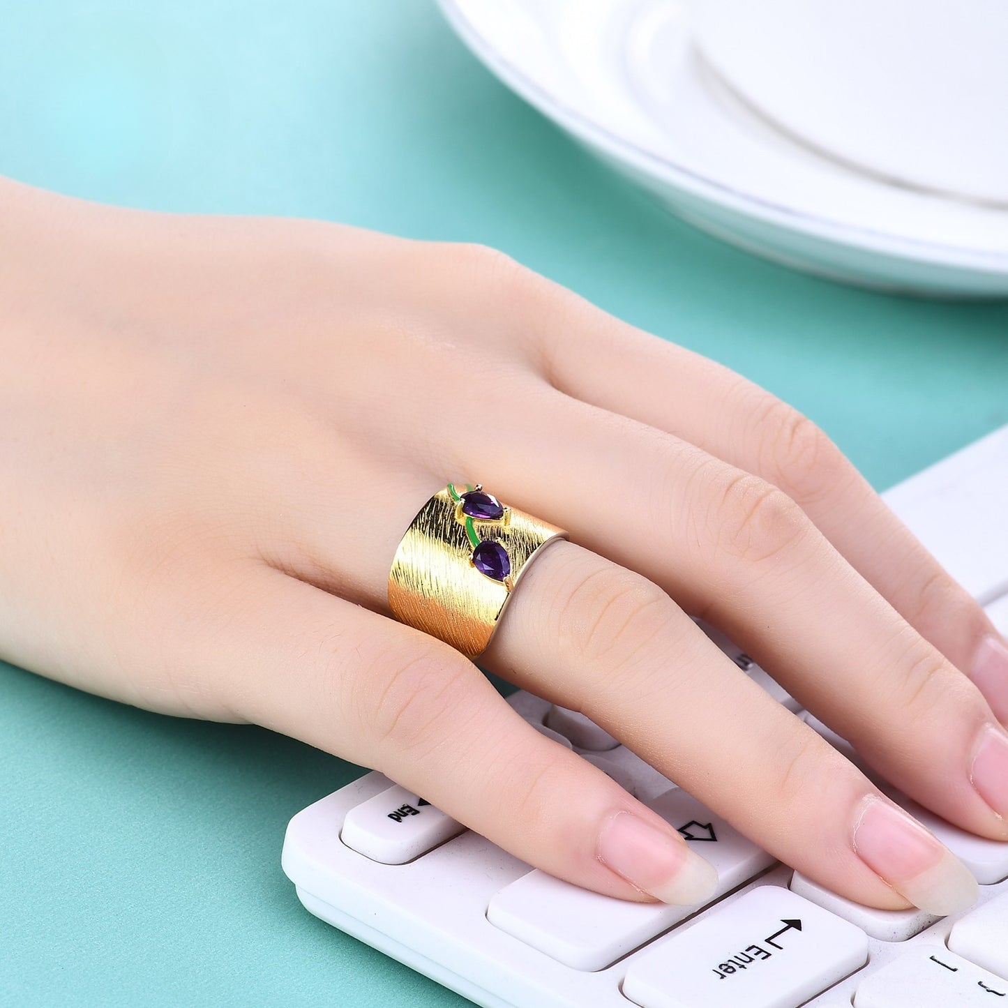 Italian Craft Jewelry Retro Style Designer Ring s925Silver Inlaid Natural Gemstone Amethyst Ring