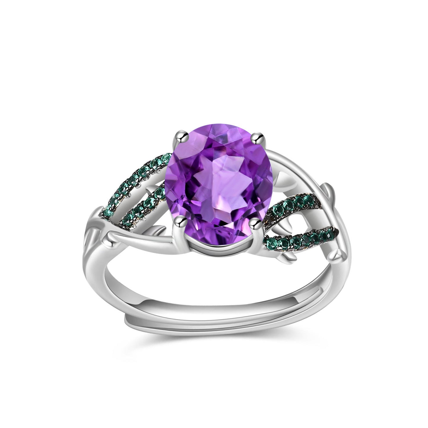 Thorn Bud Personality Design Adjustable Ring s925Sterling Silver Inlaid Natural Gemstone Amethyst Ring