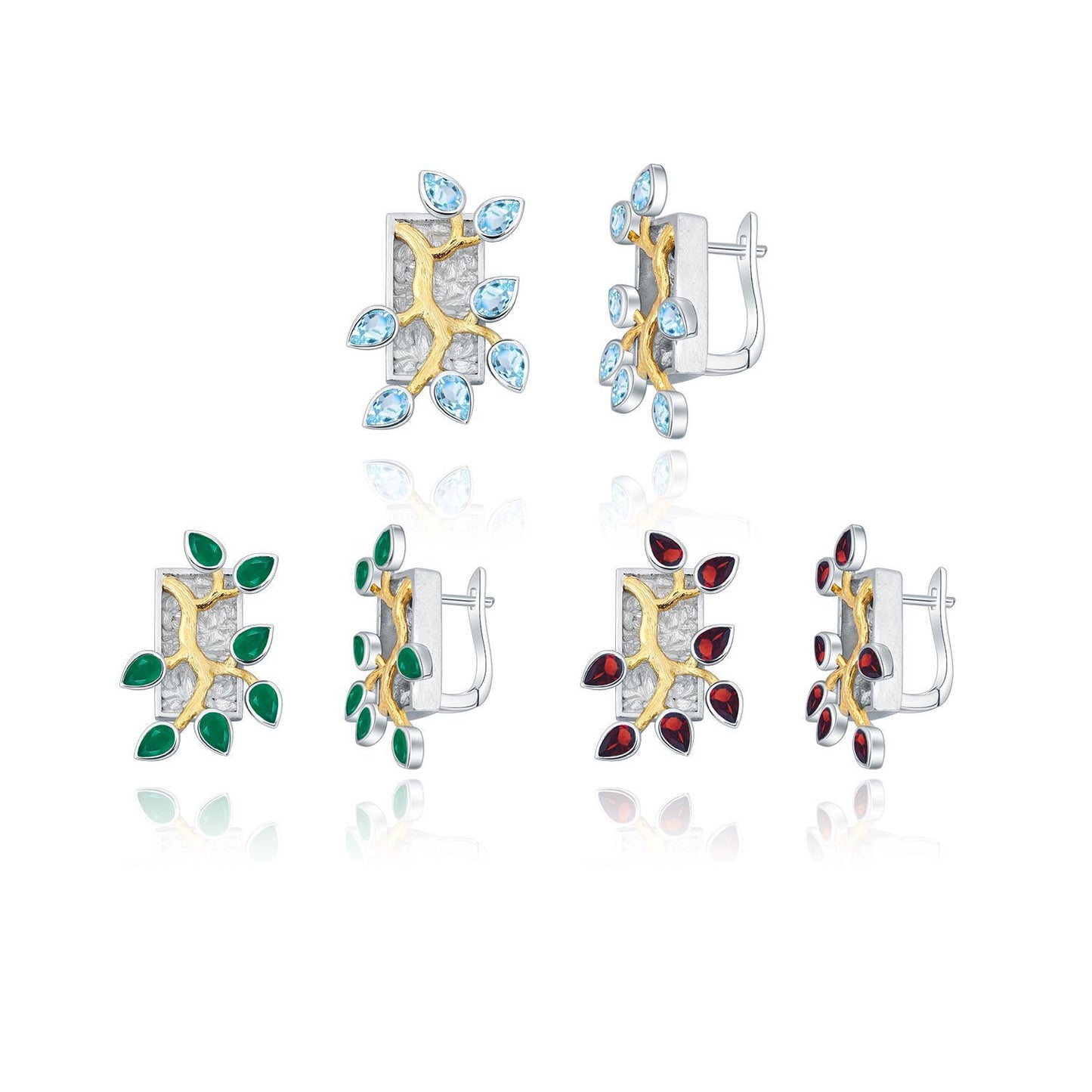 Designer Natural Topaz Earrings with Flower Branch and Jade Leaf Design s925Silver Inlaid Gemstone Stud Earrings