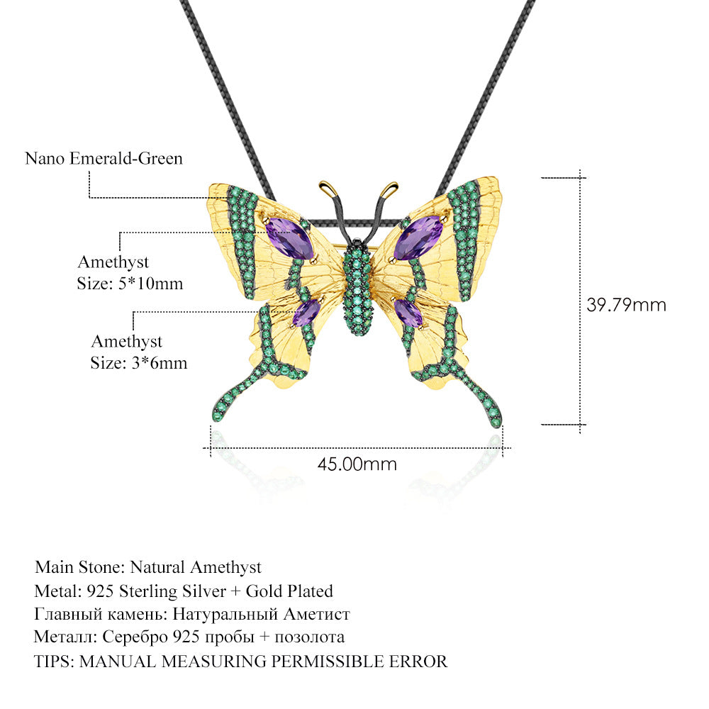 Designer Brooch Pendant Dual-use Butterfly Design High-end Feel s925Silver Inlaid Natural Amethyst Necklace Pendant
