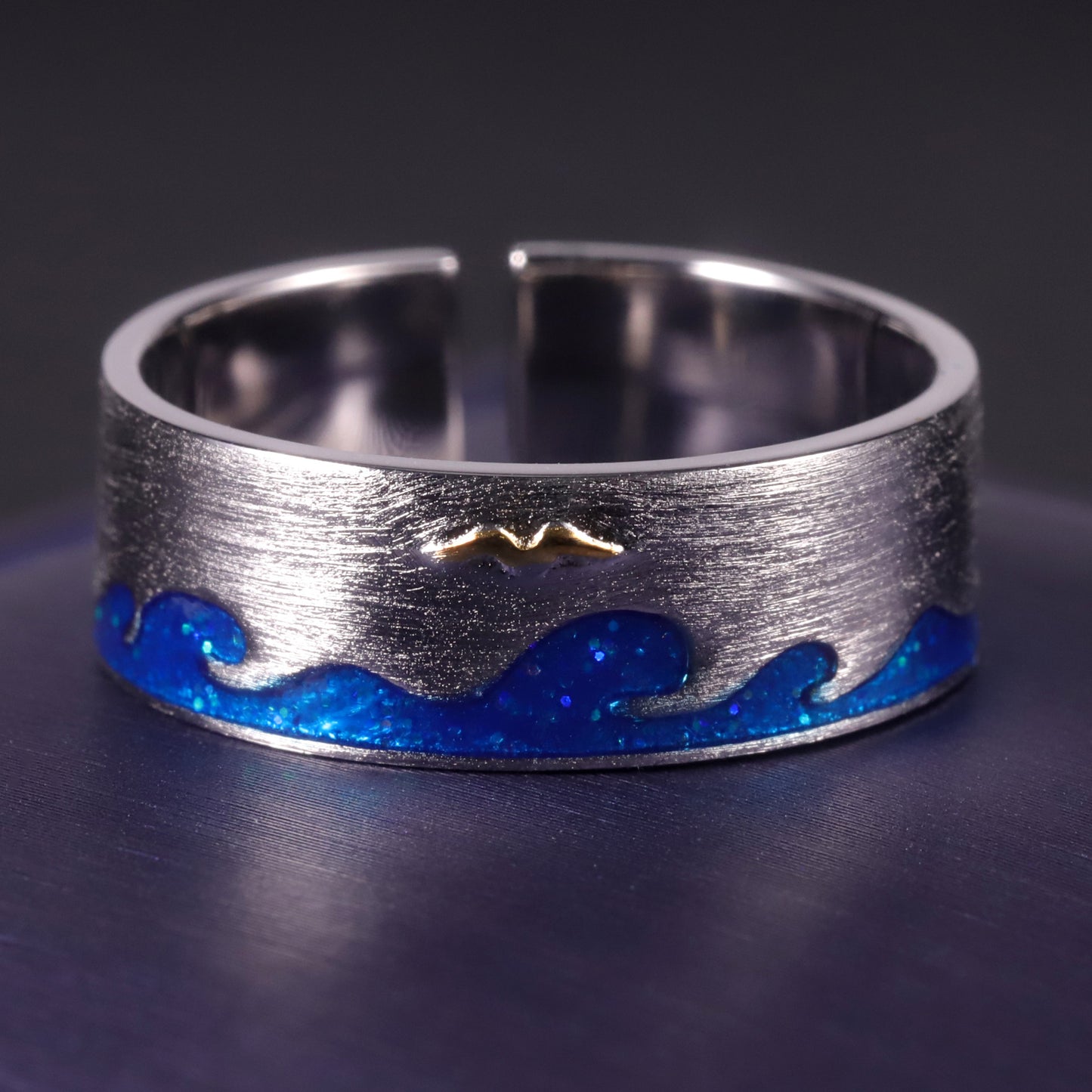 Designer Open Couple Rings Wave Element Natural Style Design925Silver Inlaid Gemstone Enamel Ring