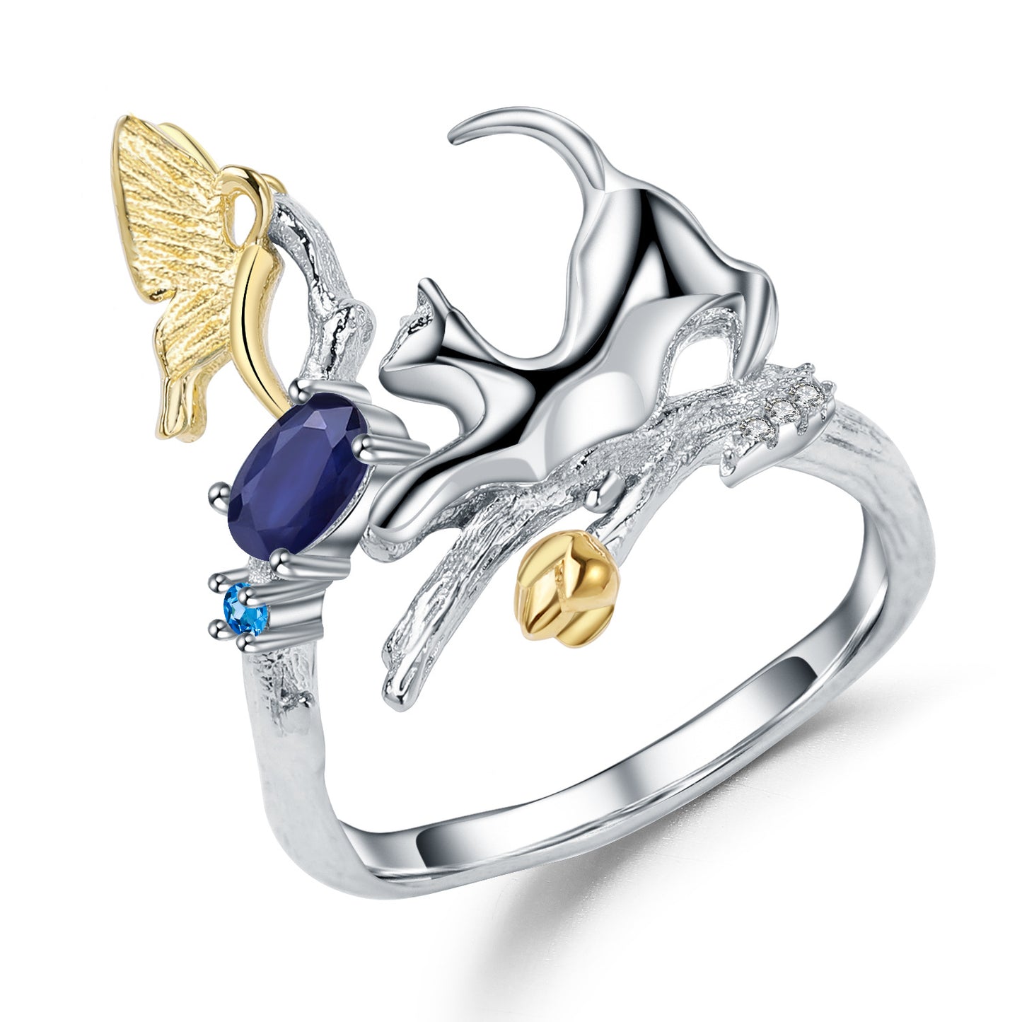 Designer Natural Gemstone Chinese Style Adjustable Ring with Natural Wind Animal Design925Silver Topaz Ring