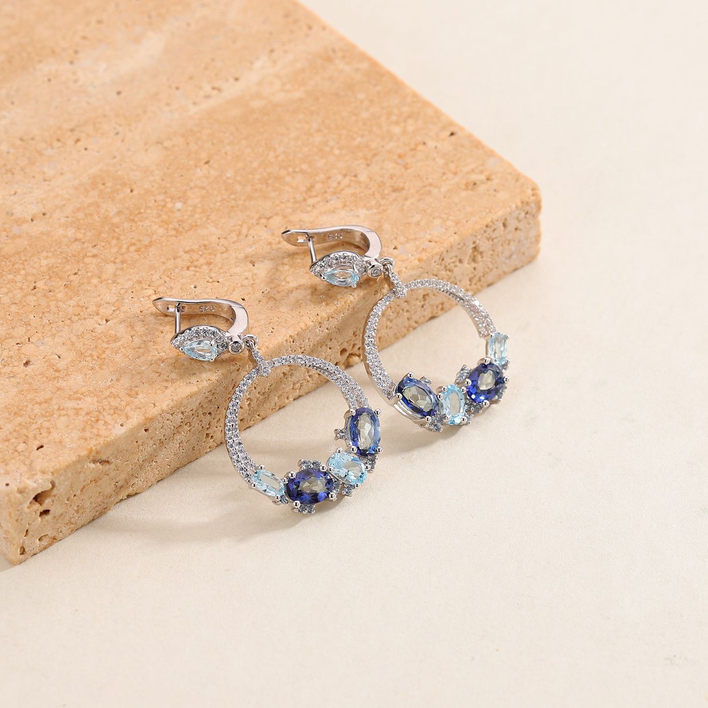 Trendy Round Hoop Earrings with Natural Topaz Stone S925Sterling Silver Gemstone Earrings