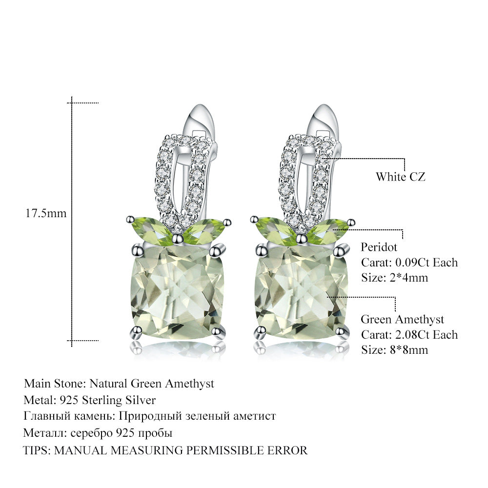 Luxury Design Natural Green Amethyst Earrings Fashion High-End Sense s925Silver Inlaid Natural Gemstone Earrings