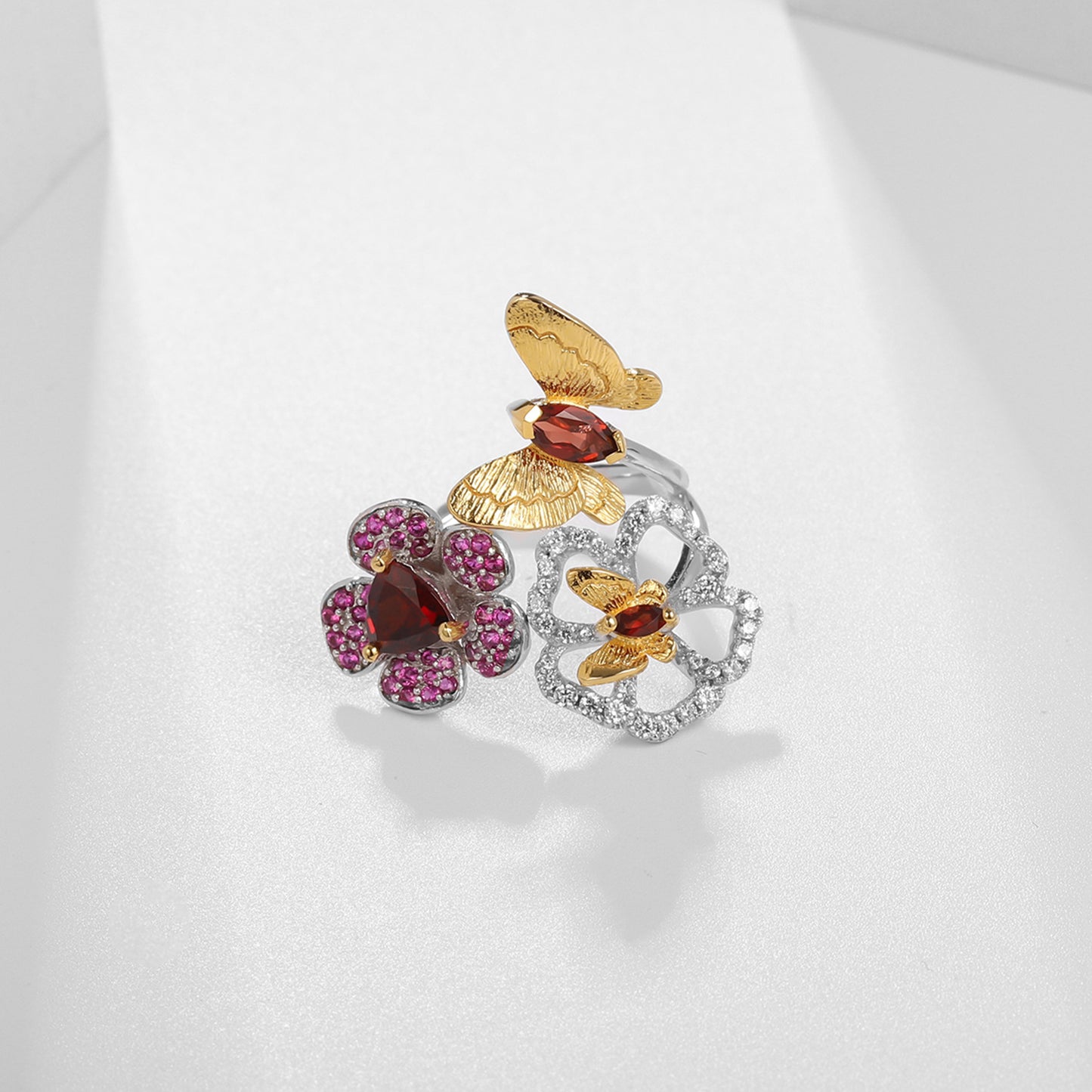 Designer Natural Amethyst Ring Natural Style Butterfly Flower Design925Silver Adjustable Open Ring