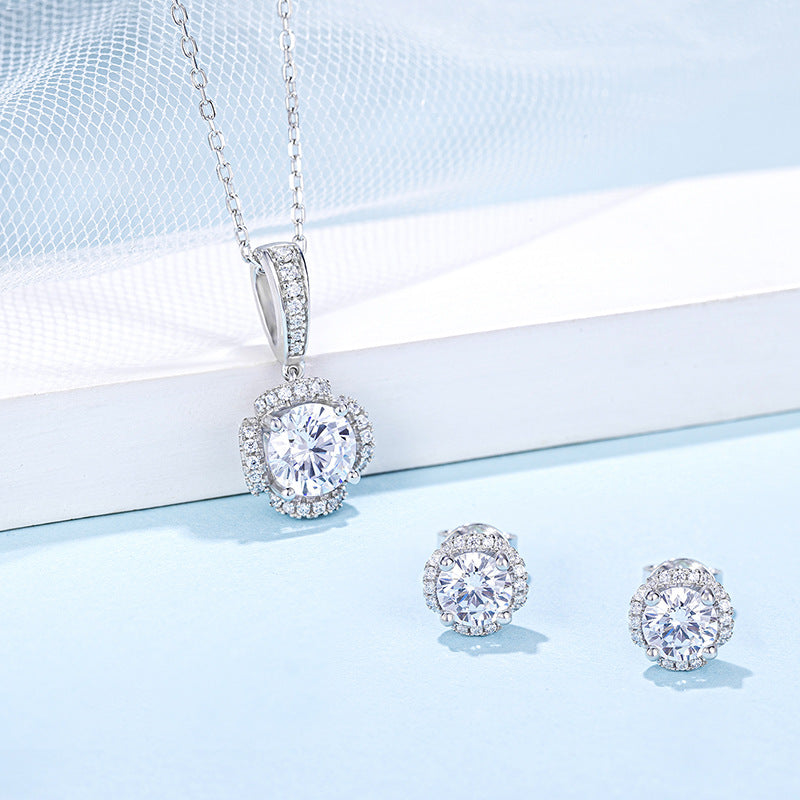 Earrings Necklace Two-Piece Set Korean Style Light Luxury s925Sterling Silver Inlaid1Carat Moissanite Jewelry Set