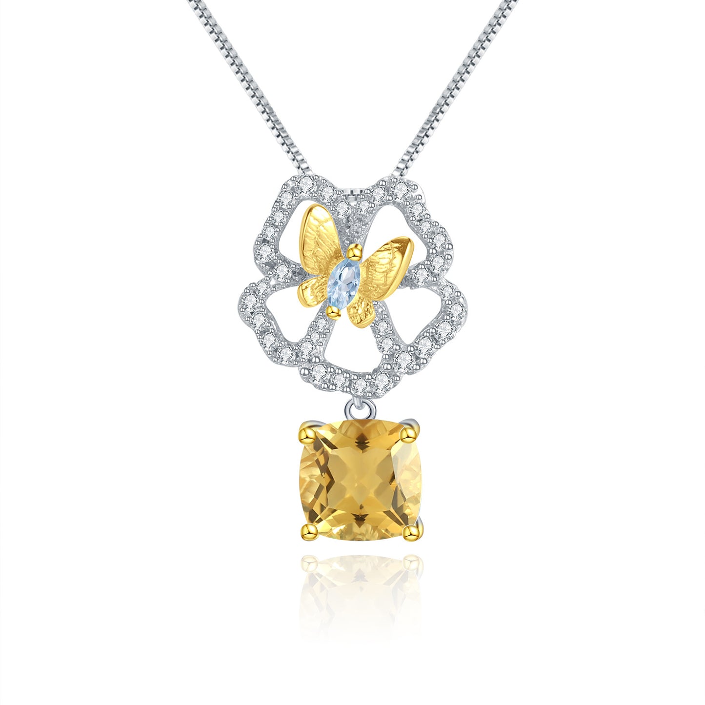 Designer Natural Yellow Crystal Pendant Natural Style Butterfly Flower Design s925Sterling Silver Gemstone Necklace Pendant