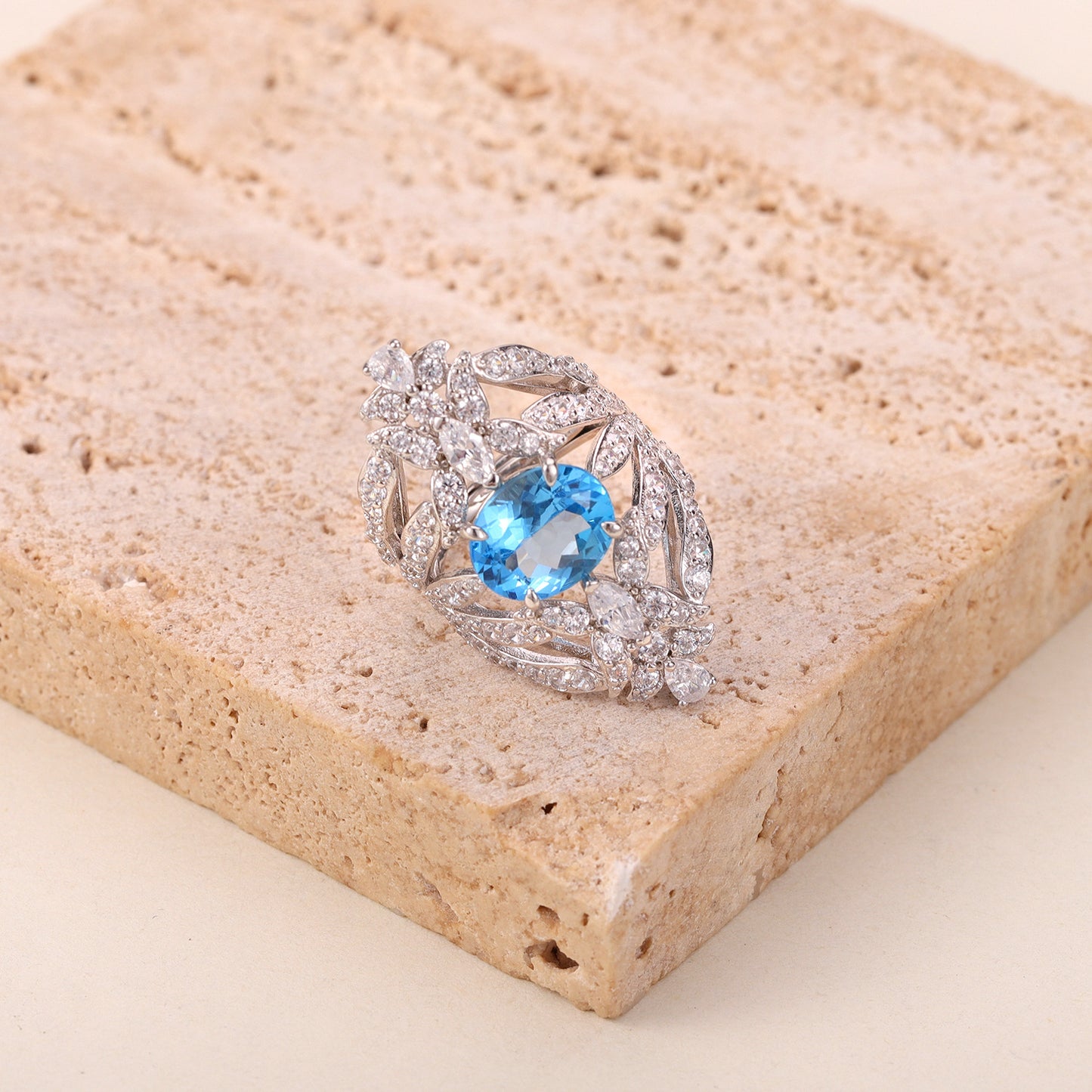 Unique Design Natural Topaz Ring s925Silver Inlaid Crystal Large Main Stone Cross-Border Original Ring