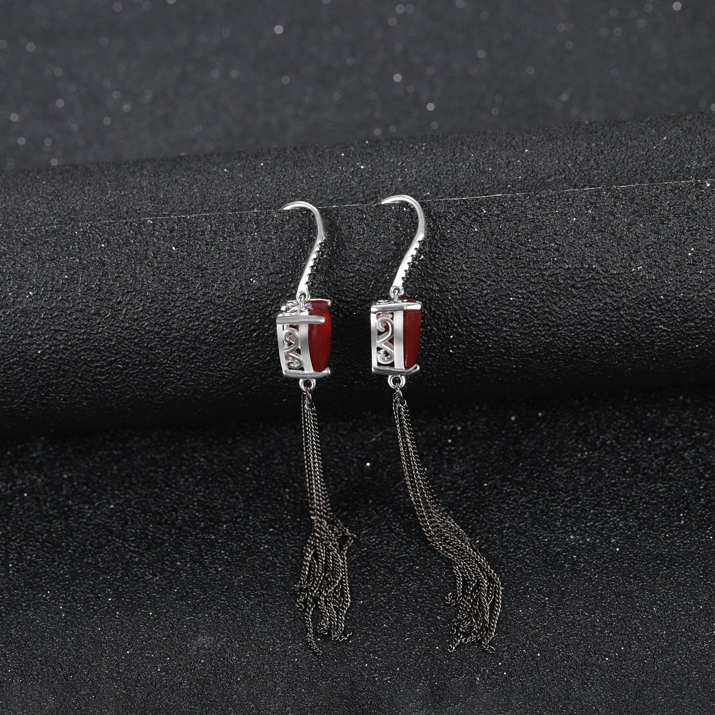 Designer Natural Gemstone Heart Tassel Earrings Sophisticated Design s925Silver and Black Onyx Earrings