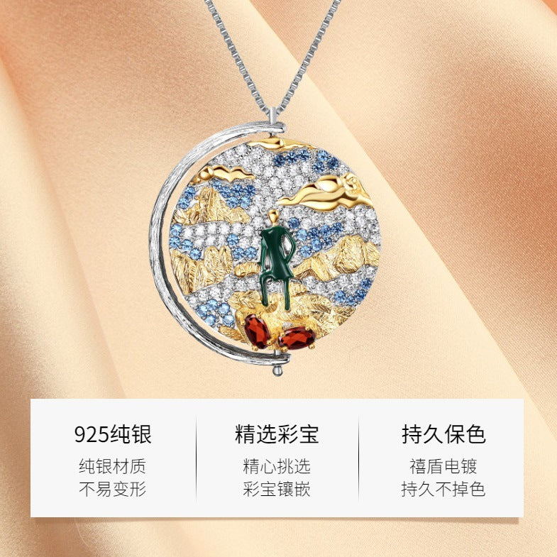 Italian Craft Abstract Pattern Vintage Jewelry Designer Necklace s925Silver Inlaid Gemstone Necklace Pendant