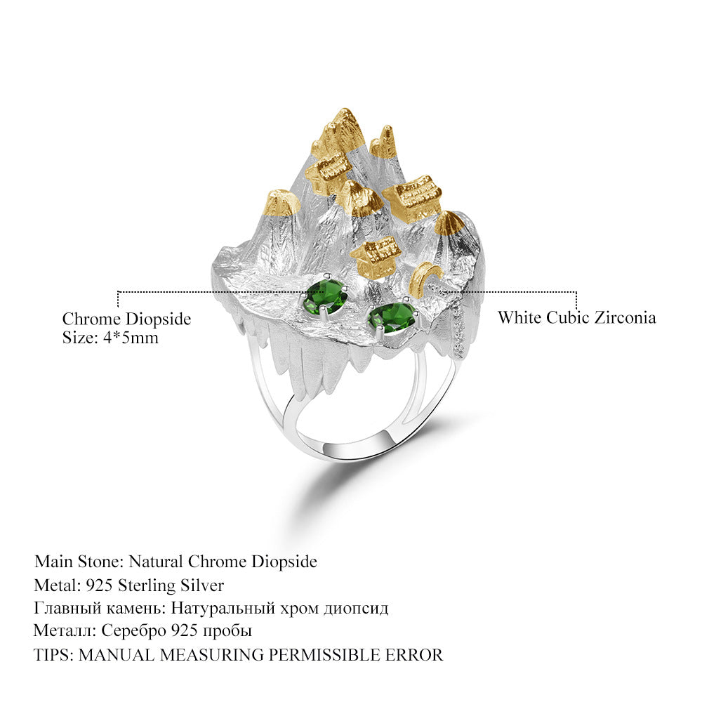 Designer Chinese Style Personality Ring Shan Hai Jing Series s925Silver Inlaid Natural Gemstone Ring Exaggerated