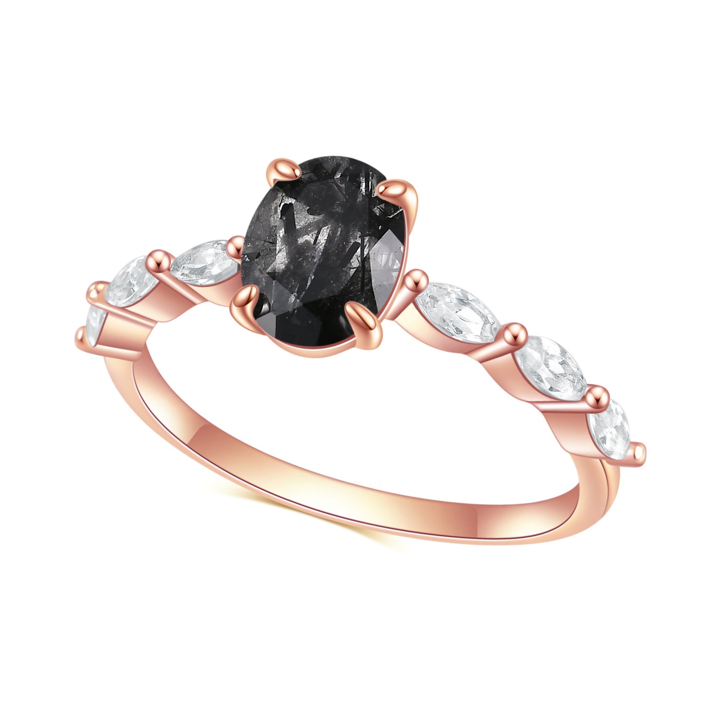 S925Sterling Silver Inlaid Gemstone Natural Black Rutilated Quartz Ring Fashionable and Unique Classic Light Luxury Rose Gold Ring