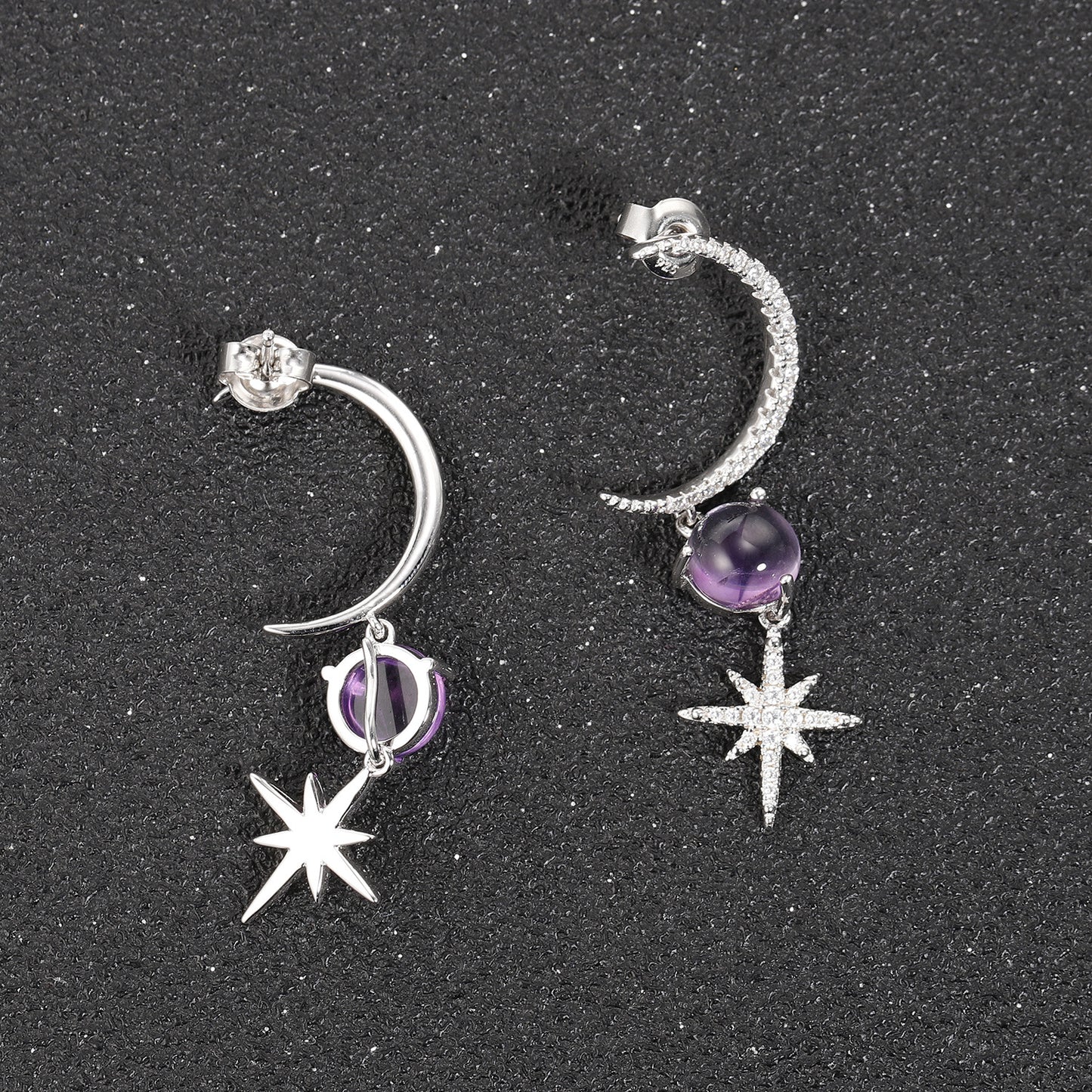 Designer High-End Gemstone Earrings Unique Crescent Design s925Silver Natural Amethyst Stud Earrings